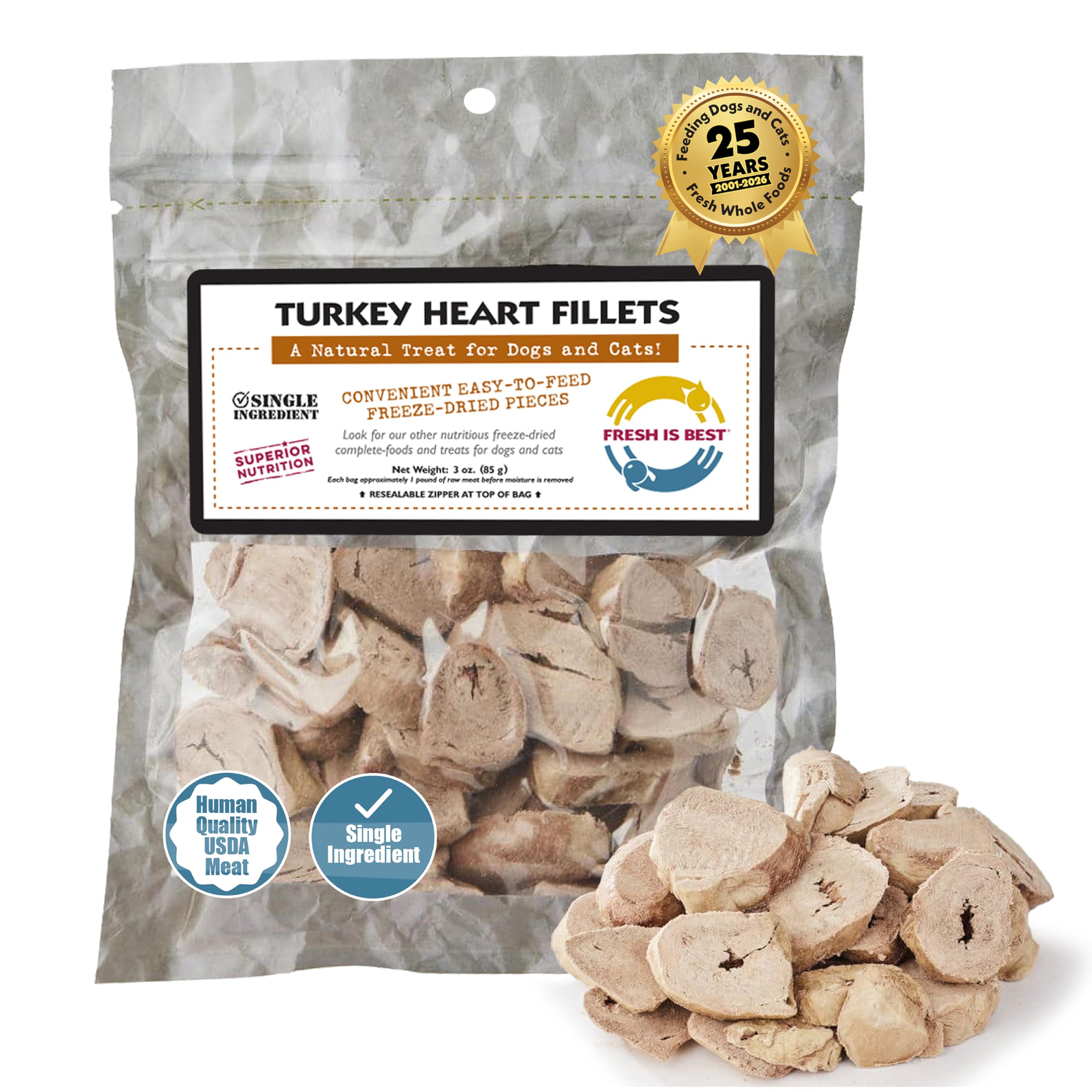 Fresh Is Best - Freeze Dried Healthy Raw Meat Treats for Dogs & Cats - Turkey Heart Fillets
