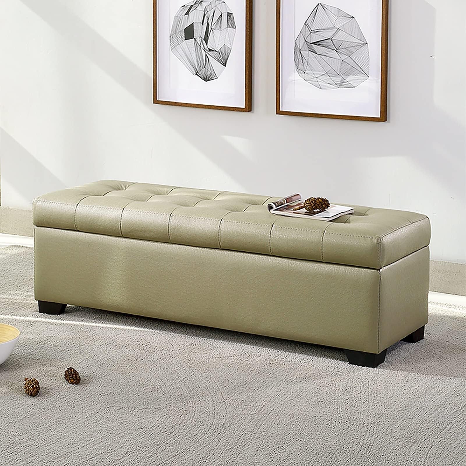 Meuble décoratif en similicuir vert clair, coffre de rangement rembourré haut de gamme