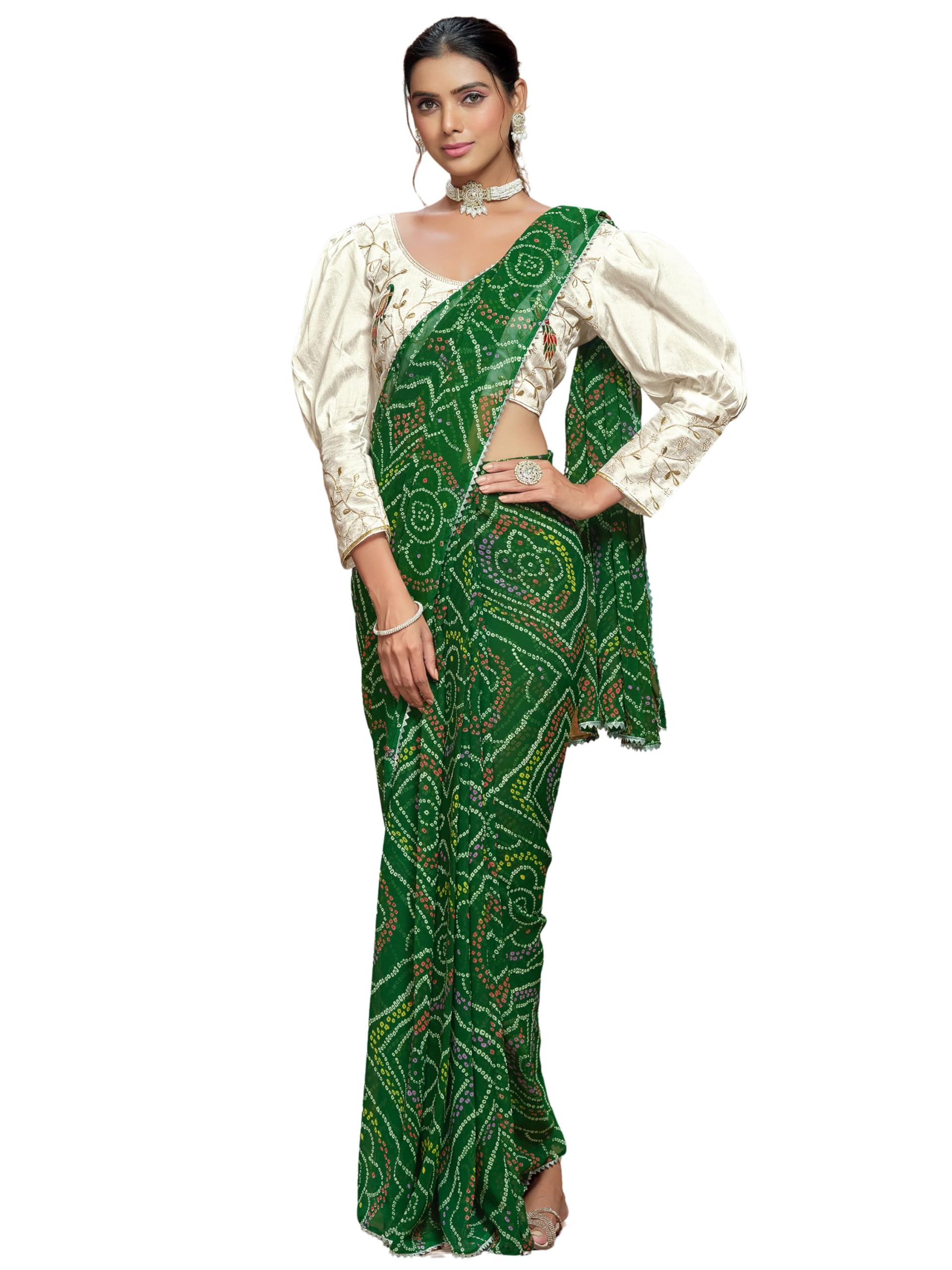 Women's Bottle Green Georgette Bandhani Print Ready to Wear Saree With Banglori Silk Blouse Piece-image-41