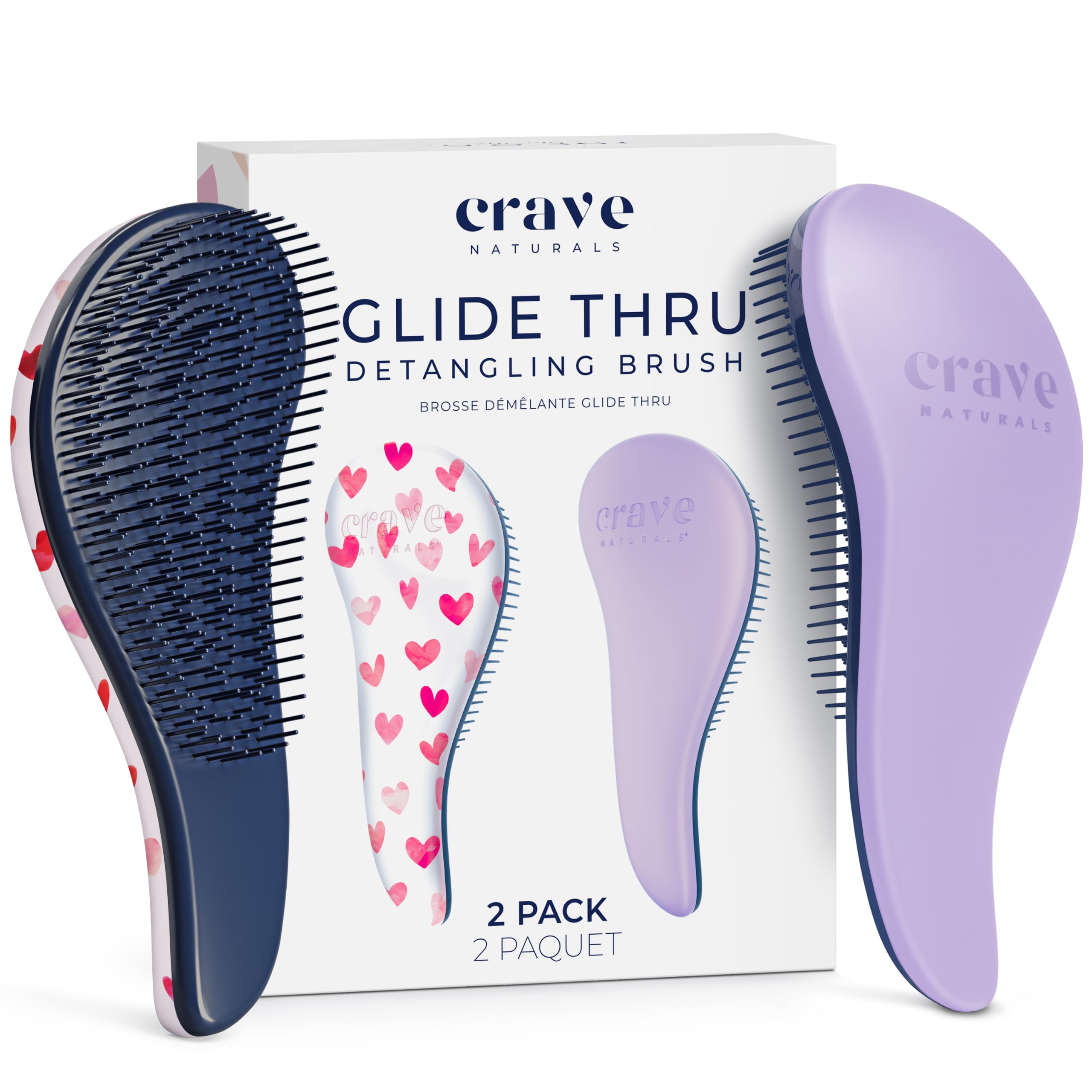 Crave Naturals Glide Thru Detangling Hair Brush for Adults and Kids - Detangler Hairbrush for Curly or Straight, Wet or Dry Hair - Gentle on Tangles Comb - Purple and Pink Hearts (Pack of 2)