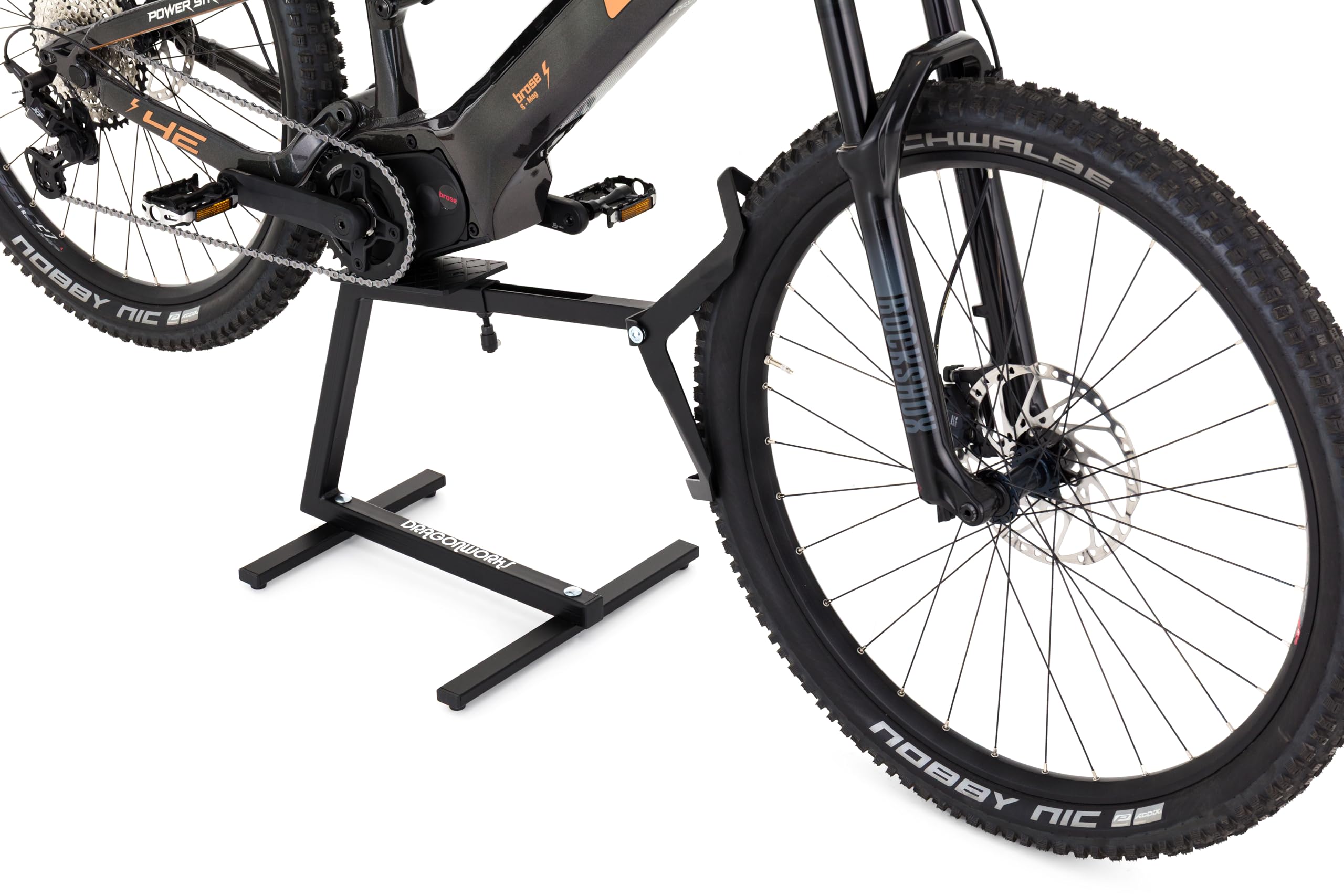 DRAGONWORKS MX Soporte Bicicleta Eléctrica - Soporte Bicicleta para MTB y E-Bike 27,5 - 29”, Rueda Trasera Giratoria para Mantenimiento y Limpieza, Capacidad 45 kg