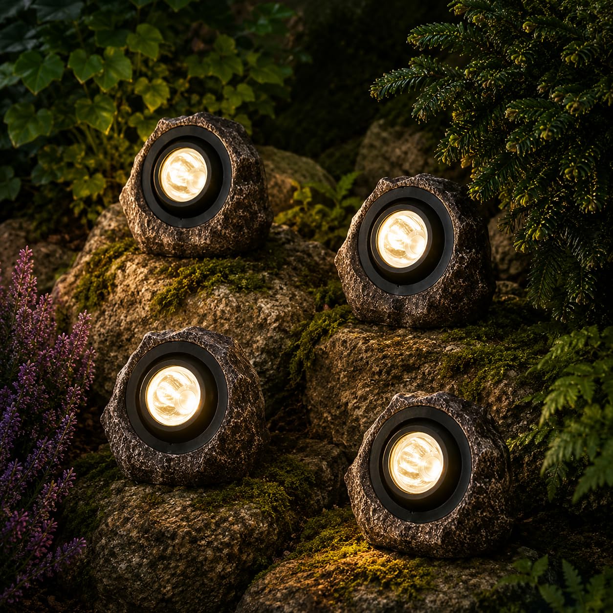 Garden Mile Grey Set Of Four 3L Rock Solar Lights Super Bright Solar Powered Rock Effect Spotlights Outdoor Pathway Lighting Driveway Lights Outdoor Garden