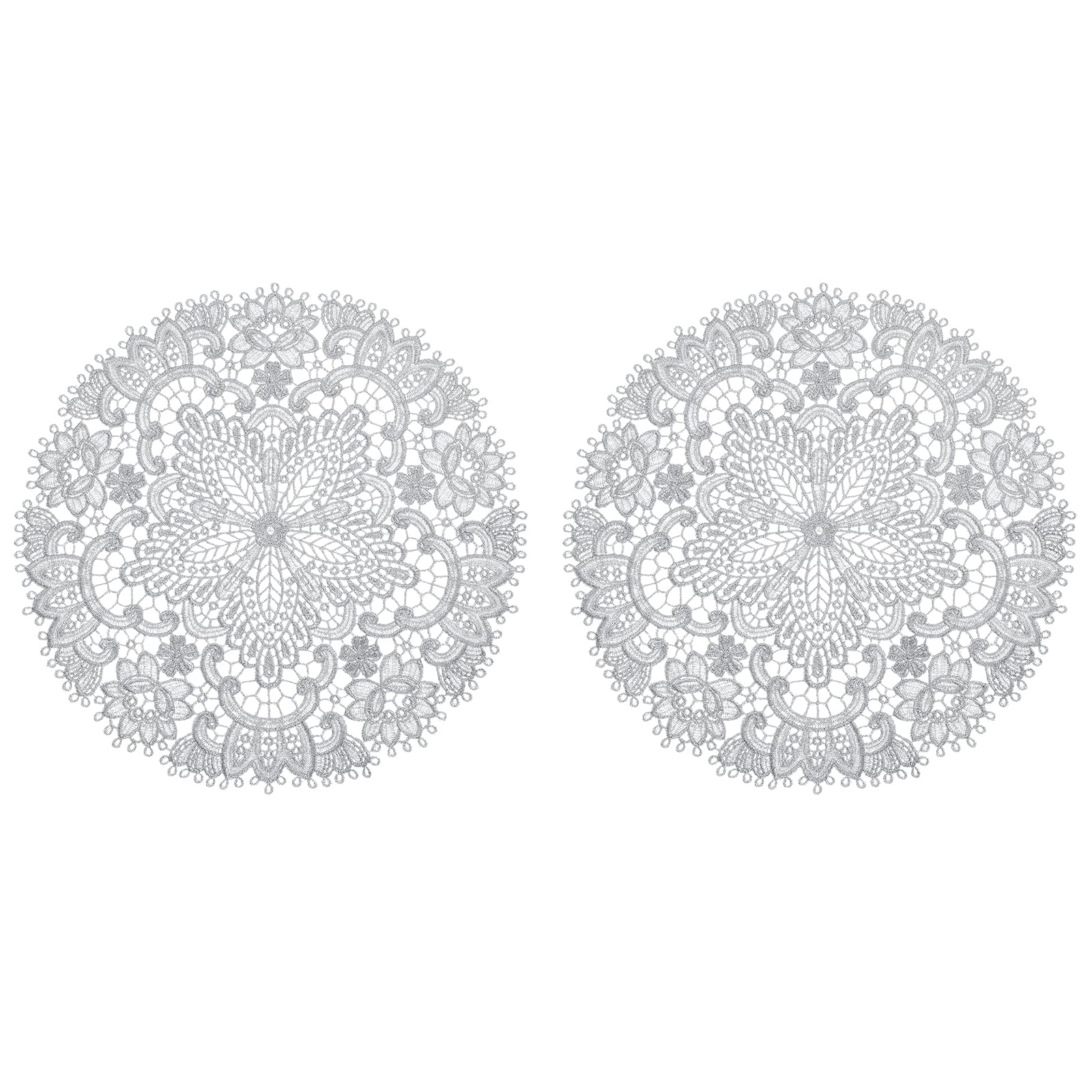 sourcing map 2Pcs Retro Lace Placemats, 10.6x10.6inch Round French Crochet Doilies Central Hollow Flower Vase Mat Coaster for Dining Table Home Decoration, Glossy Silver