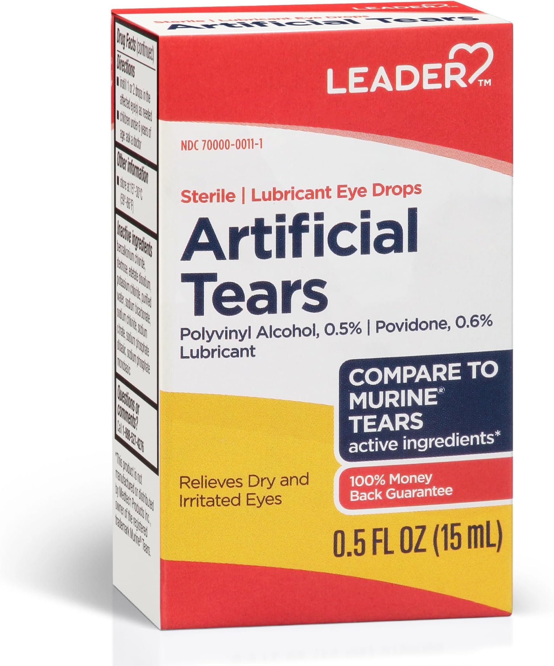 Leader Artificial Tears Lubricant Eyes Drops, Polyvinyl Alcohol 0.5%, Povidone 0.6%, Relieves Dry and Irritated Eyes, Sterile, for Adults and Children 6+, 0.5 fl oz