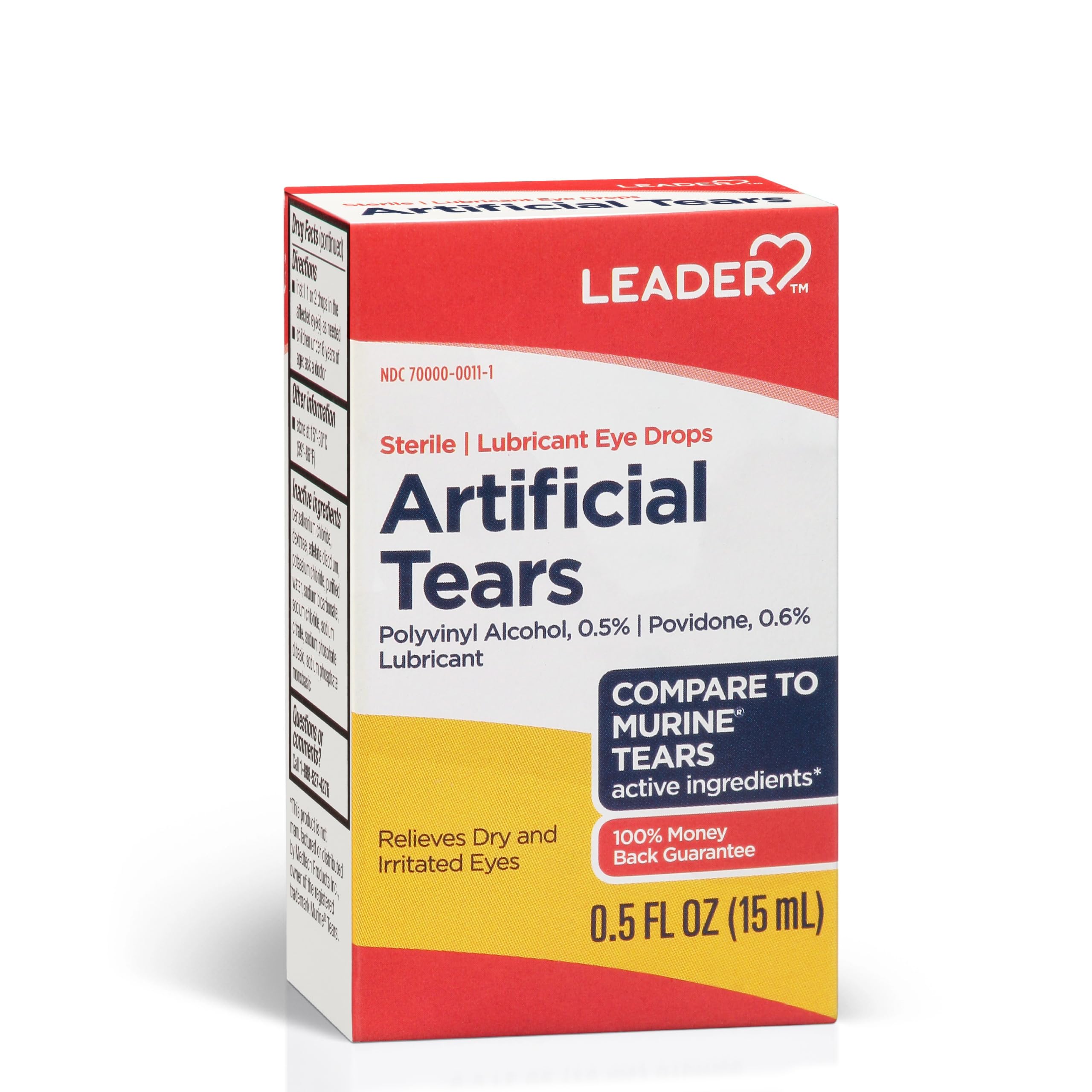 Leader Artificial Tears Lubricant Eyes Drops, Polyvinyl Alcohol 0.5%, Povidone 0.6%, Relieves Dry and Irritated Eyes, Sterile, for Adults and Children 6+, 0.5 fl oz