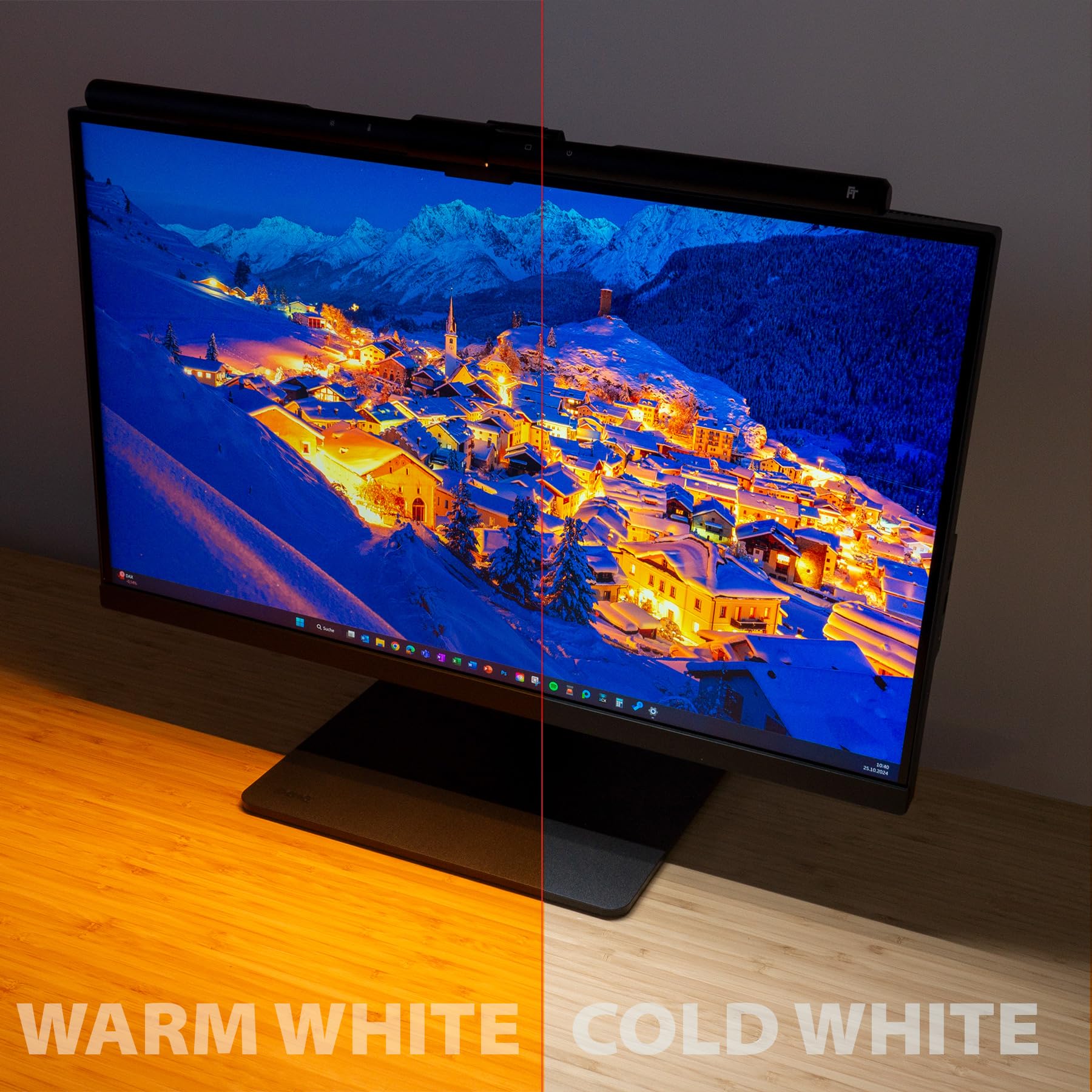 FeinTech LT751 Lampada per monitor curvo con telecomando e sensore di luce - Lampada da scrivania a LED fissabile, dimmerabile, ideale per monitor curvo e schermi da 24 pollici, barra luminosa 51 cm