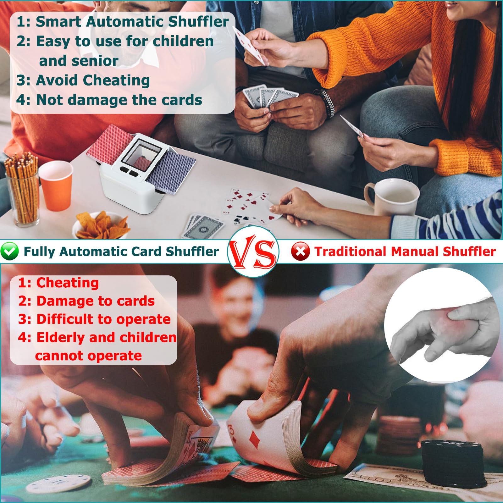 Mélangeur de Cartes Automatique Électronique 1-2 Jeux, 2000mAh USB Rechargeable mélangeur de carte pour UNO Poker Skyjo PILI Texas Hold'em, Auto/Manuel, Portable Mélange silencieux et rapide