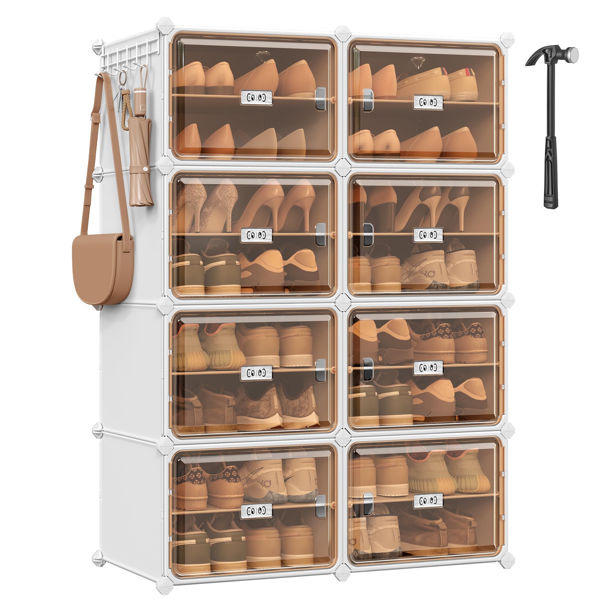 SONGMICS Zapatero de 8 Compartimentos, Zapatero Modular para Recibidor, 30 x 45 x 30 cm por Cubo, Puertas Transparentes, Metal, 32 Pares, Dormitorio, Blanco Nube y Marrón Transparente LPC054WH01