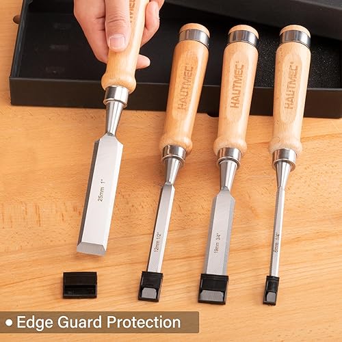 Miniatura 6 de HAUTMEC Juego de cinceles de madera para carpintería, cinceles de mortaja de 4 piezas con bisel 60CR-V cuchillas de acero y asas de haya para