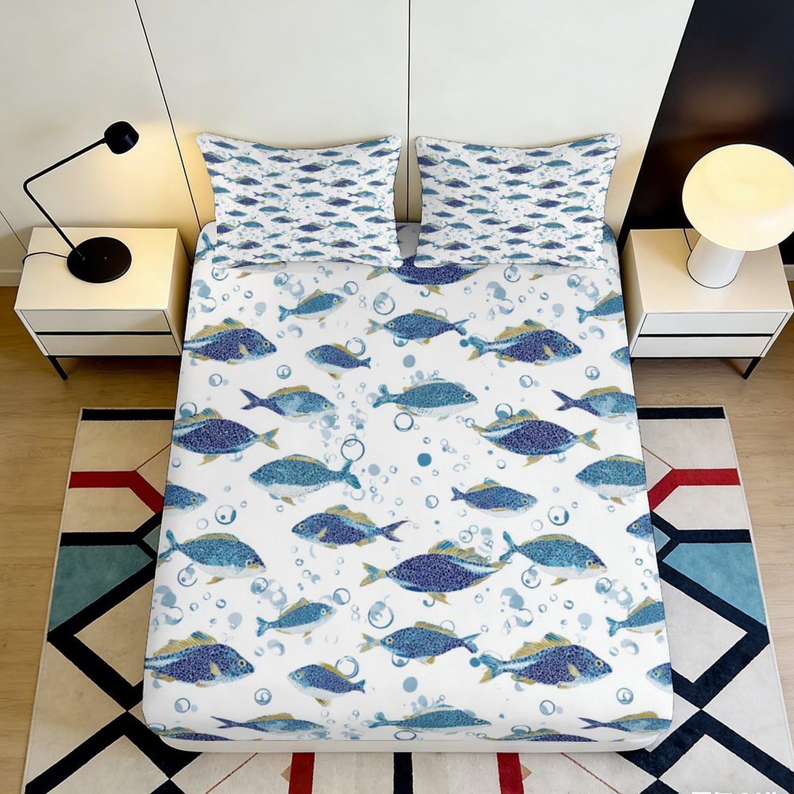 3D Printed Ocean Fish Fitted Sheet Microfiber Deep Pocket Bedroom Bedding Ocean Mattress Fitted Cover Non-Slip Washable for Adults Teens 200x200x25cm