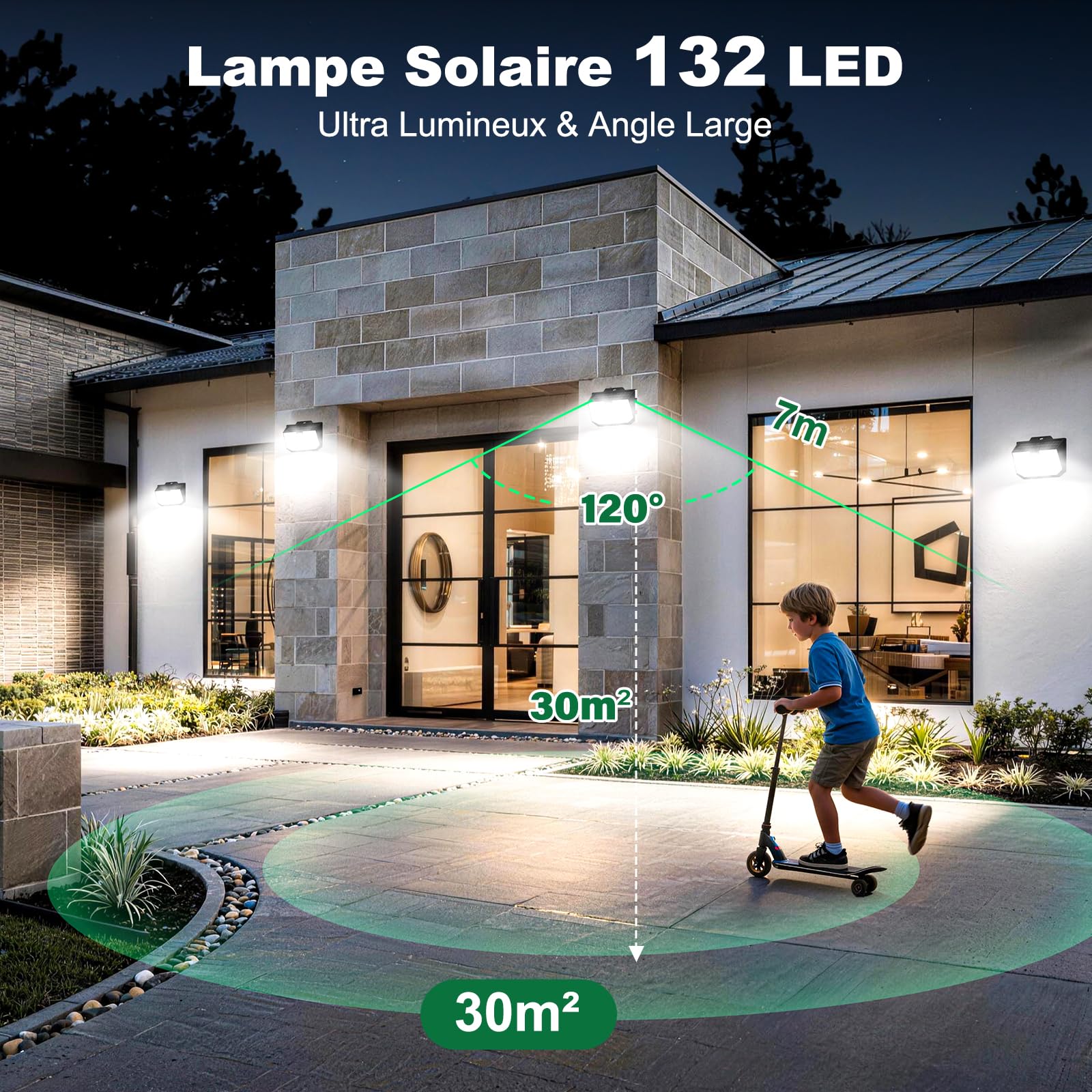 Lampada solare da esterno, 3 modalità luce solare per esterni, rilevatore di movimento, illuminazione esterna a LED solare IP65, impermeabile per parete, giardino, garage, carport e patio, confezione