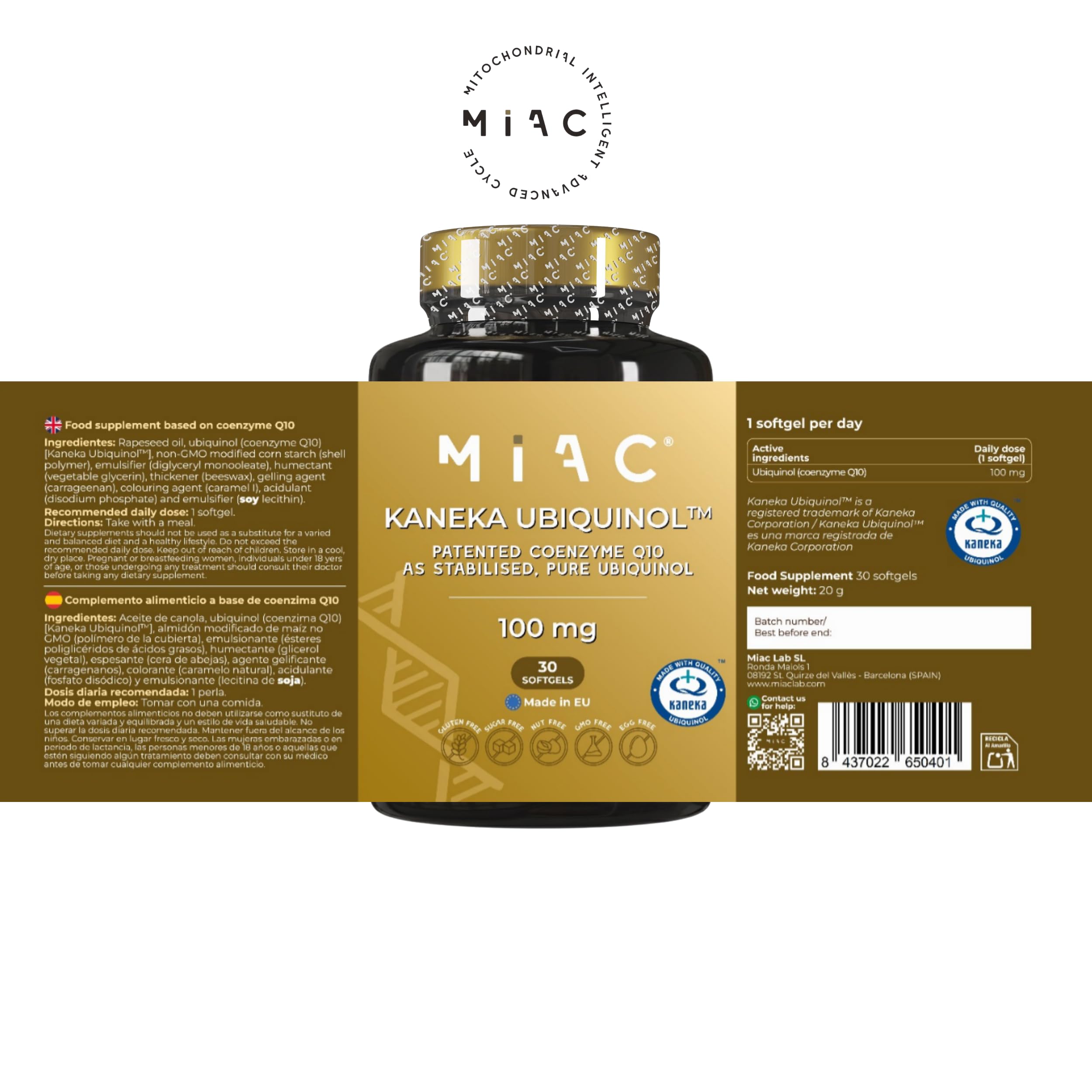Ubiquinol Kaneka 100 mg | Coenzima Q10 con Ubiquinol Kaneka | Potente fórmula con CoQ10 para energía celular, salud cardiovascular y función cognitiva | Vegano/Sin Gluten
