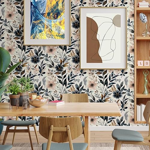 Miniatura 4 de Papel tapiz floral azul oscuro y rosa para despegar y pegar, papel tapiz vintage de hojas, fácil de despegar, autoadhesivo, extraíble, para armario