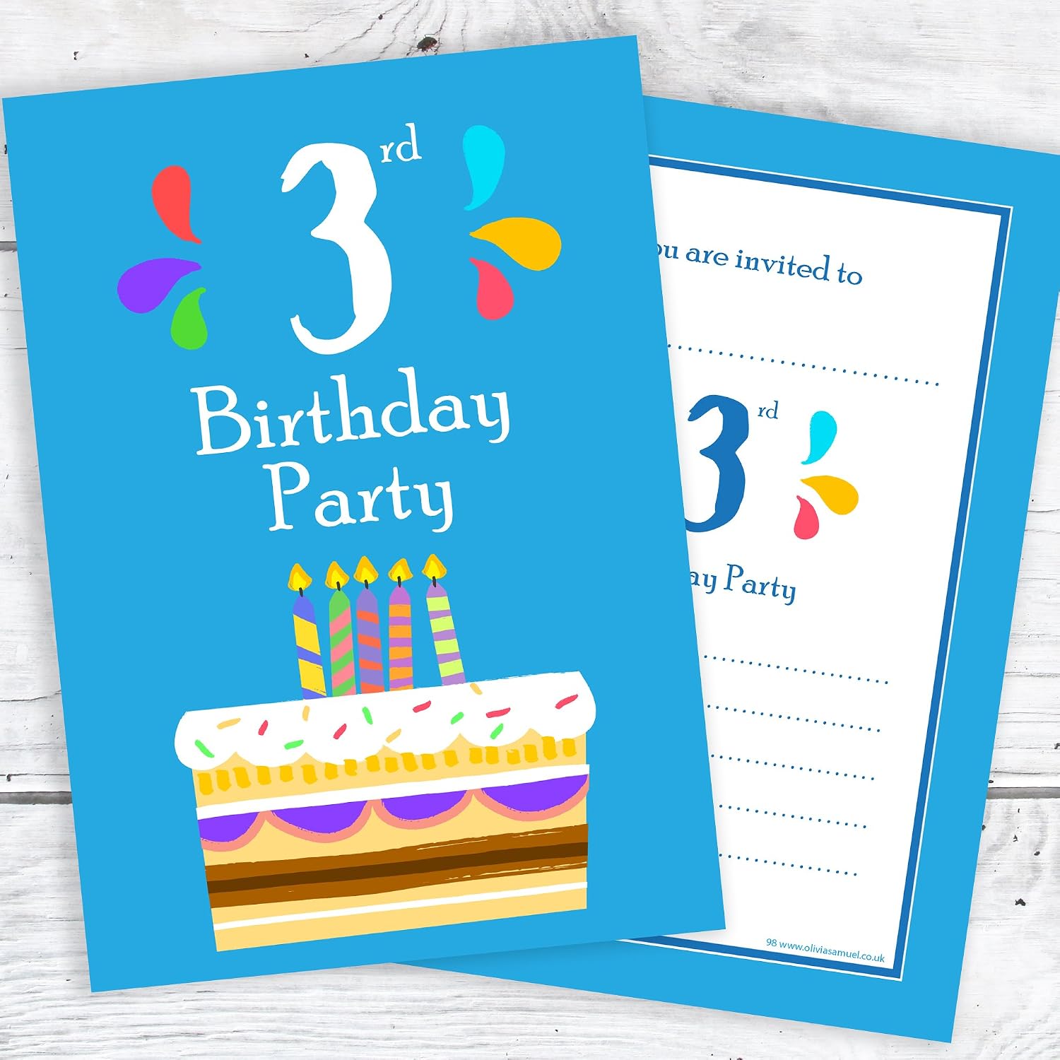 Olivia Samuel 20 x 3rd Birthday Party Invitations from 3 Candle Blue Cake Design - A6 Postcard Size with envelopes - Image 4