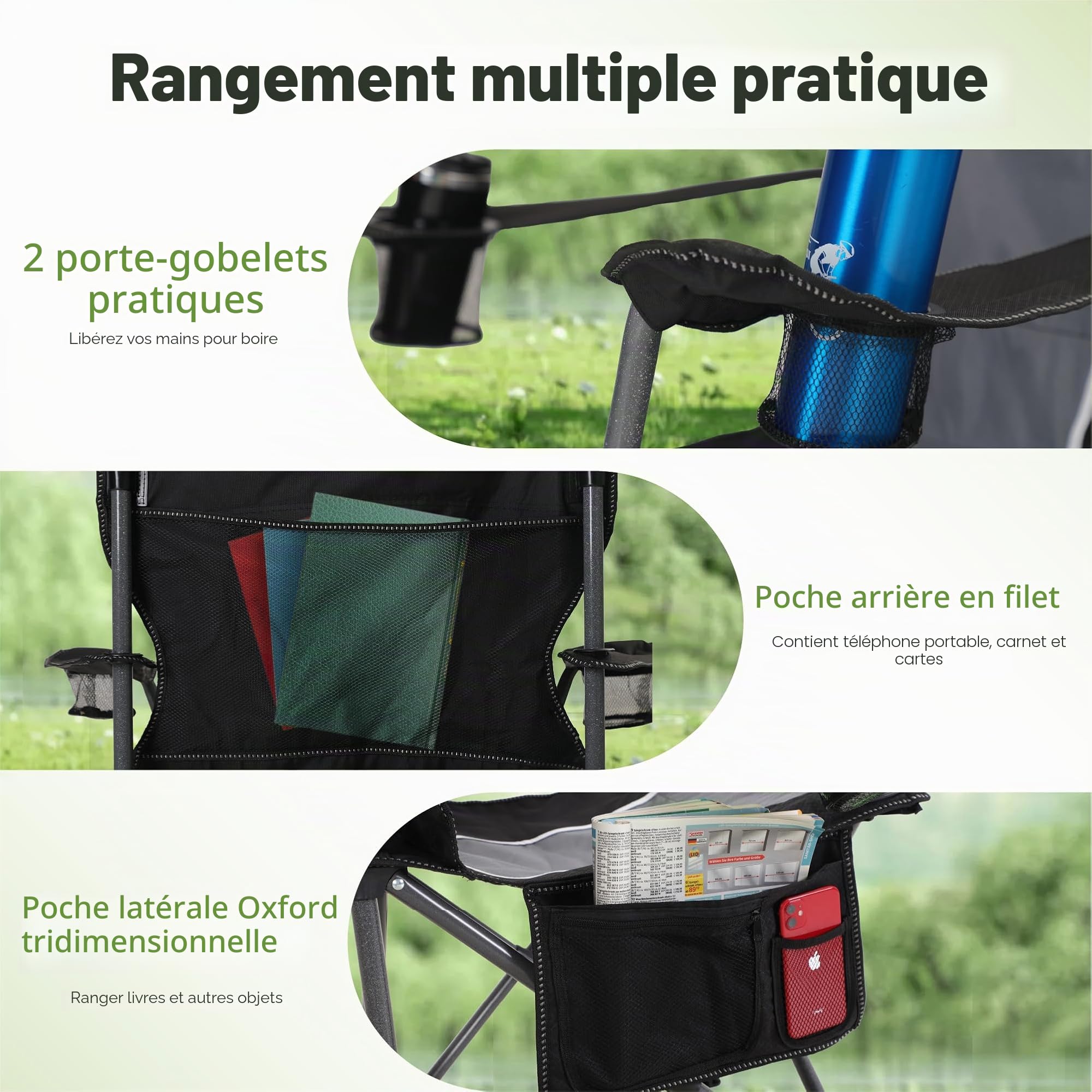 LET'S CAMP Chaise de Camping Pliable avec Porte-gobelets, Sacs de Rangement, Sac de Transport en Acier jusqu'à 160 kg, pour Le Camping, Les Voyages