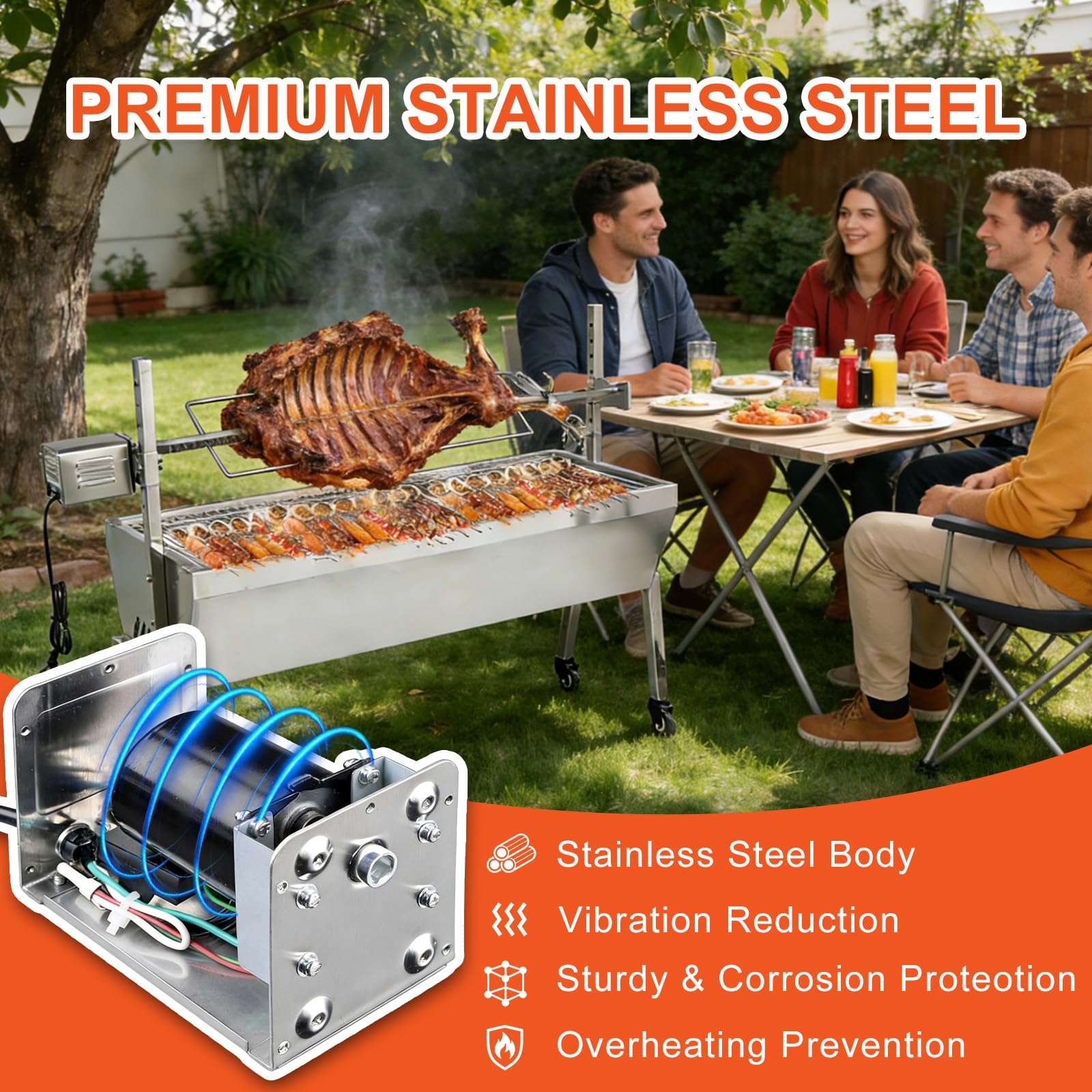 Moteur de rôtissoire 15 W – Moteur de rôtissoire pour barbecue jusqu'à 40 kg, broche de rechange universelle robuste pour rôtissoire de porc/chèvre/poulet, barbecue en plein air, camping et