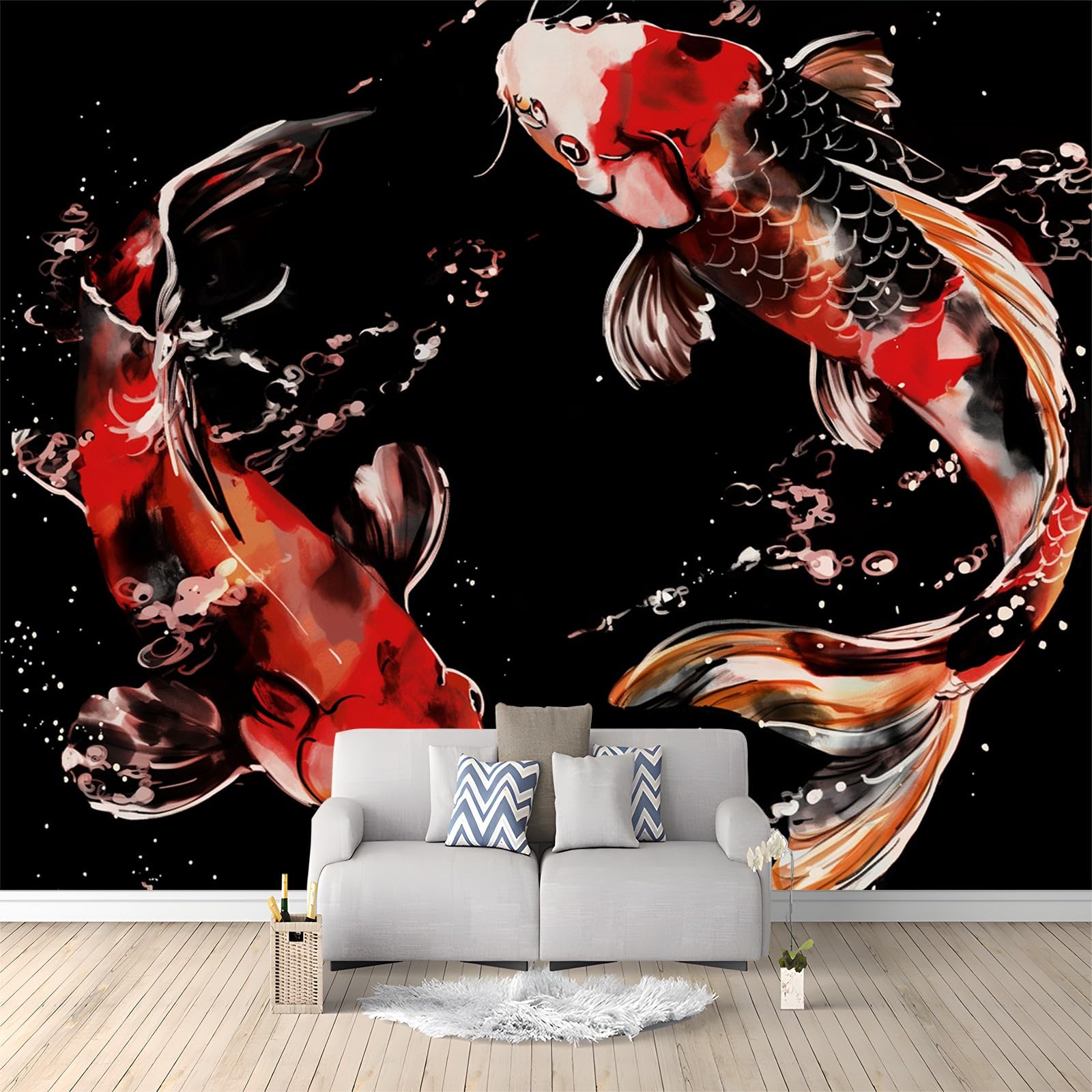 Fototapete Tuschezeichnung Fisch Schwarz 300x210 cm 3D Effekt Tapete Wandbild, Hochwertige Vlies-Wanddekoration, Für Wohnzimmer Küche Schlafzimmer & Kinderzimmer Wandbild