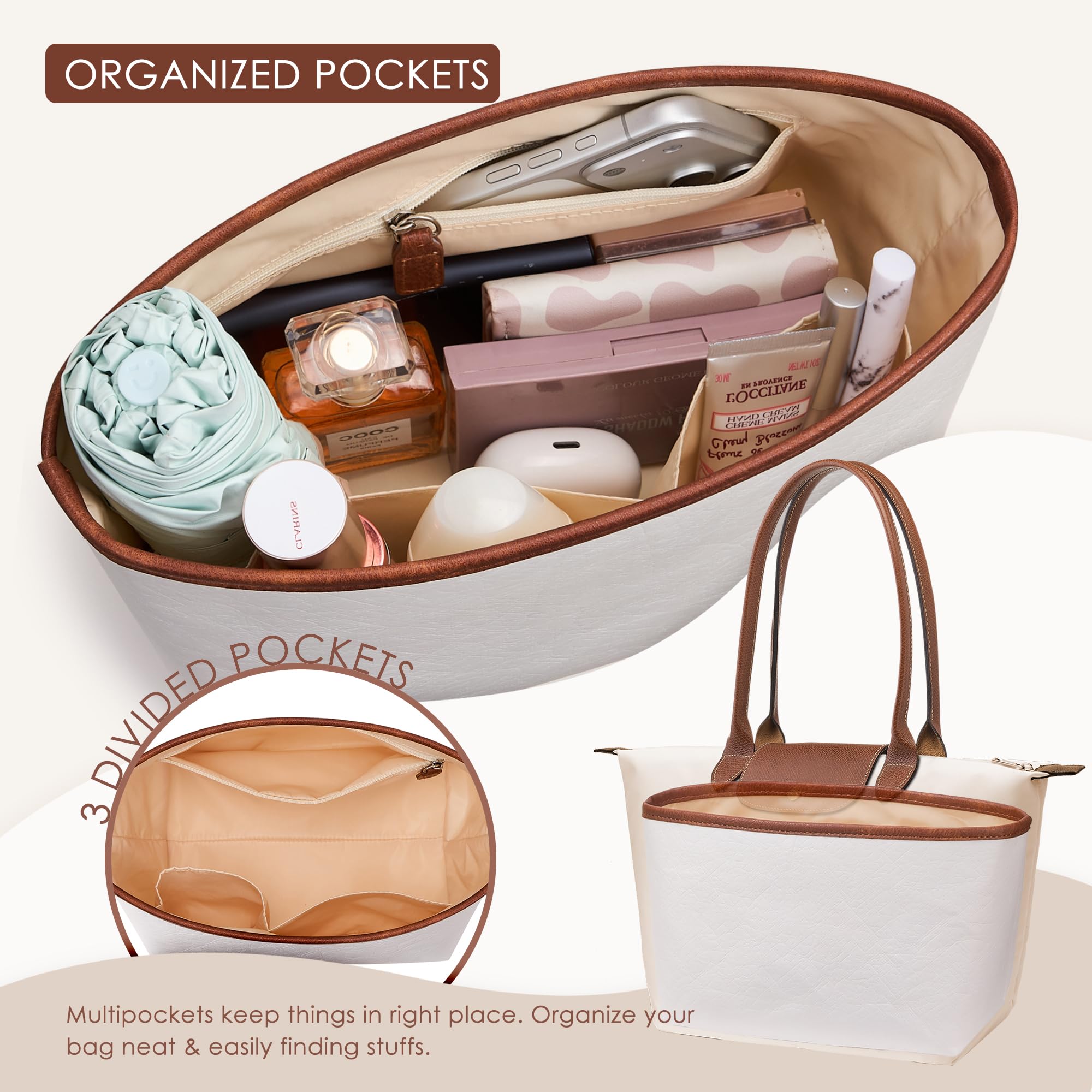 KALIDI Organizador de Bolso Inserto para Longchamp Le Pliage S Xtra, Funda Ultraligera Impermeable con Divisores Internos Mejorada para Bolso de Mano de Mujer, Blanco Pequeño