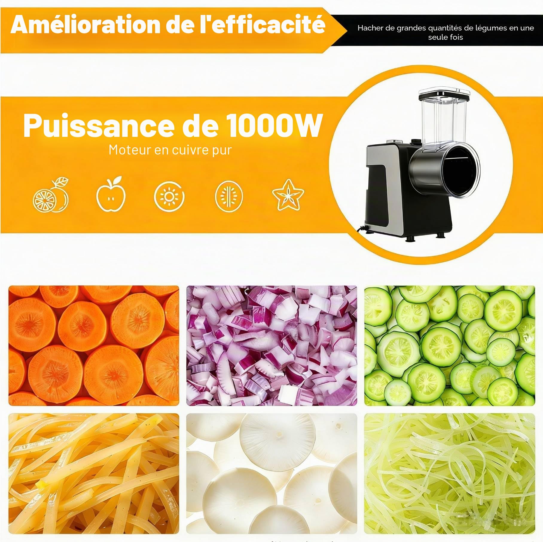 Coupe-légumes électrique 1000 W avec moteur en cuivre, lames en acier inoxydable (10 lames de rechange), matériau ABS, noir, 15 x 12 x 20 cm, autonome