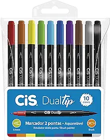 Caneta Pincel dual Tip Aquarelável com 10 cores Cis