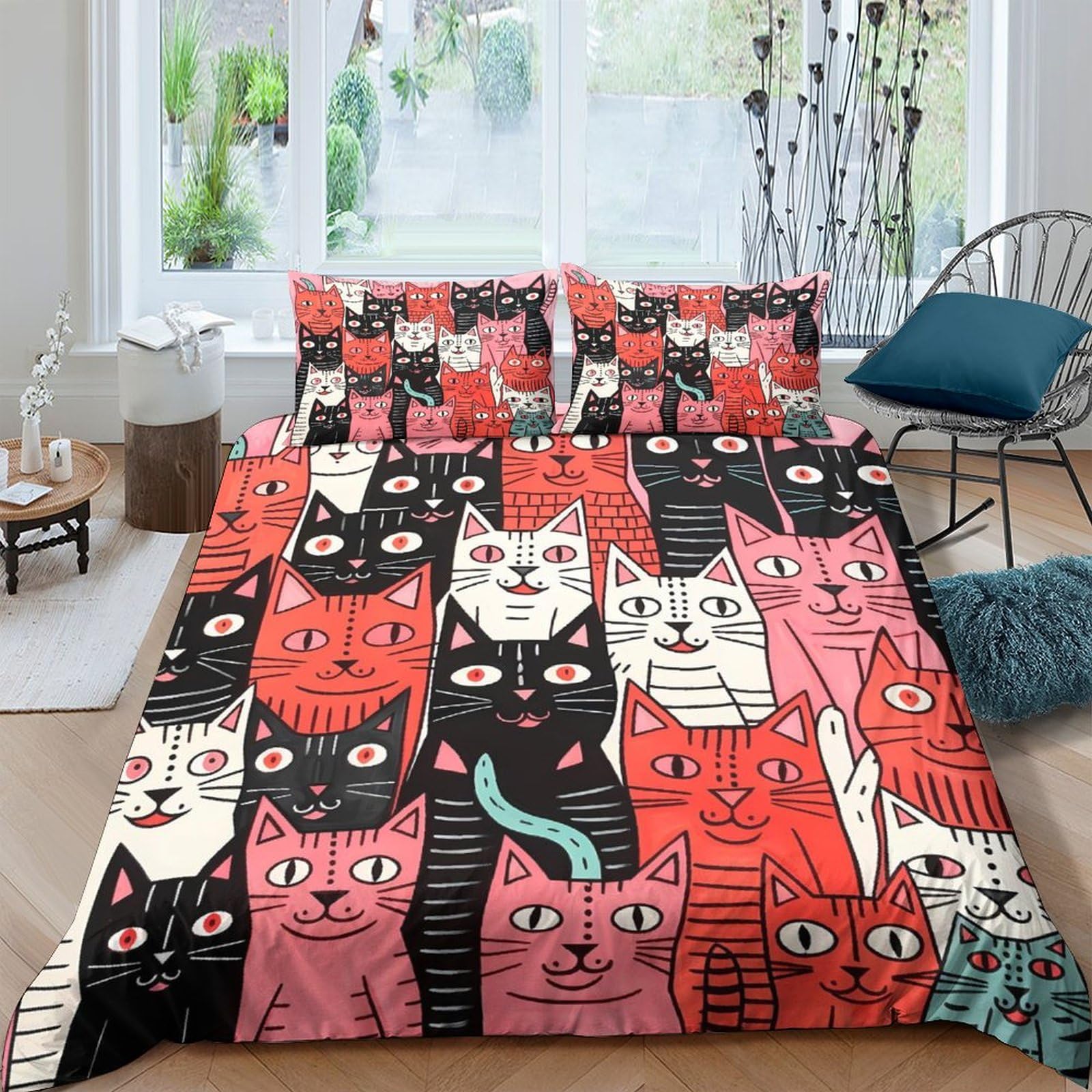 Housse de couette chat king size anti-plis parure de lit confortable 3 pièces