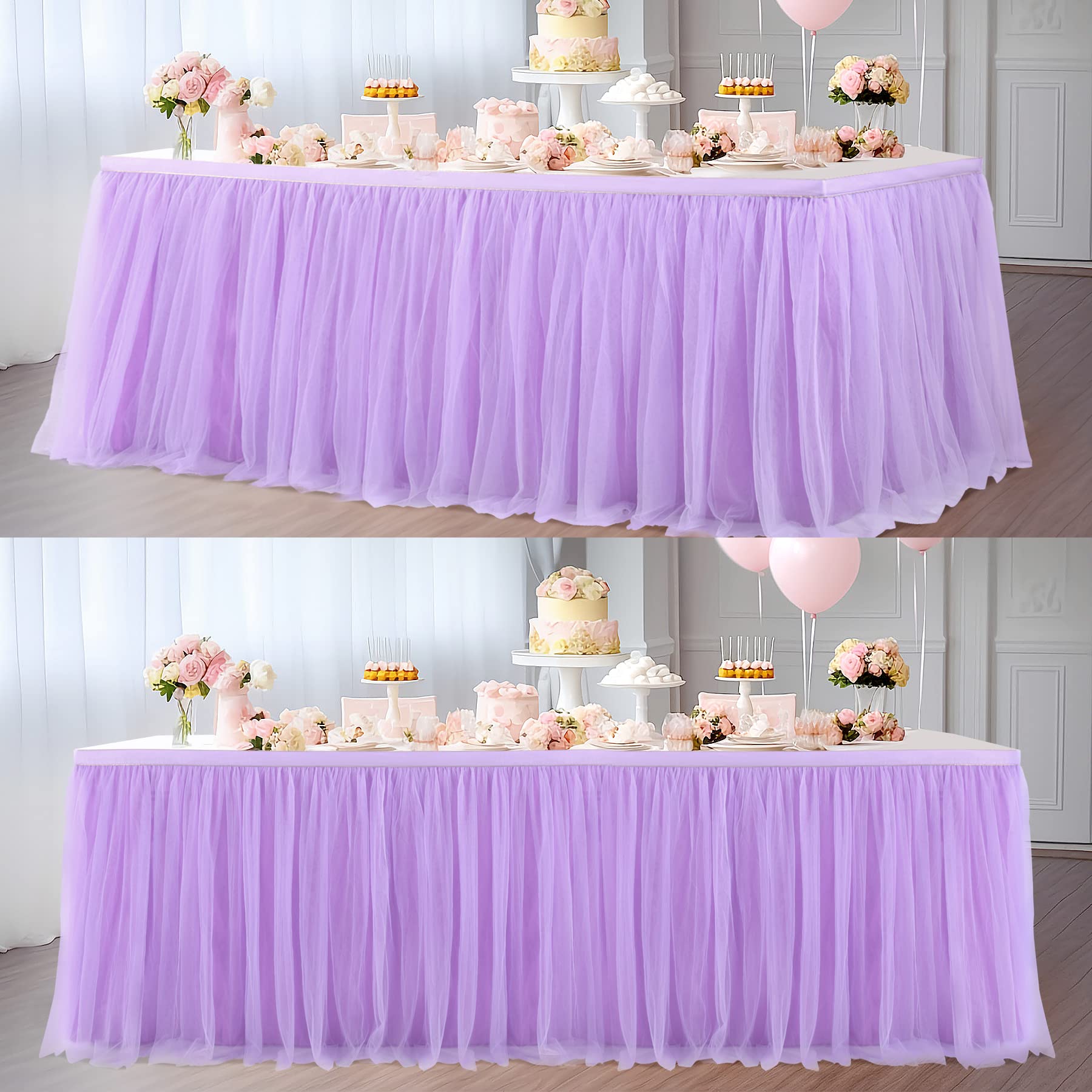 2 Pack 6ft Lavender Table Skirts for Rectangle Tables or Round Tables Lavender Ruffle Tulle Tutu Tablecloth for Girls Baby Shower Birthday Party