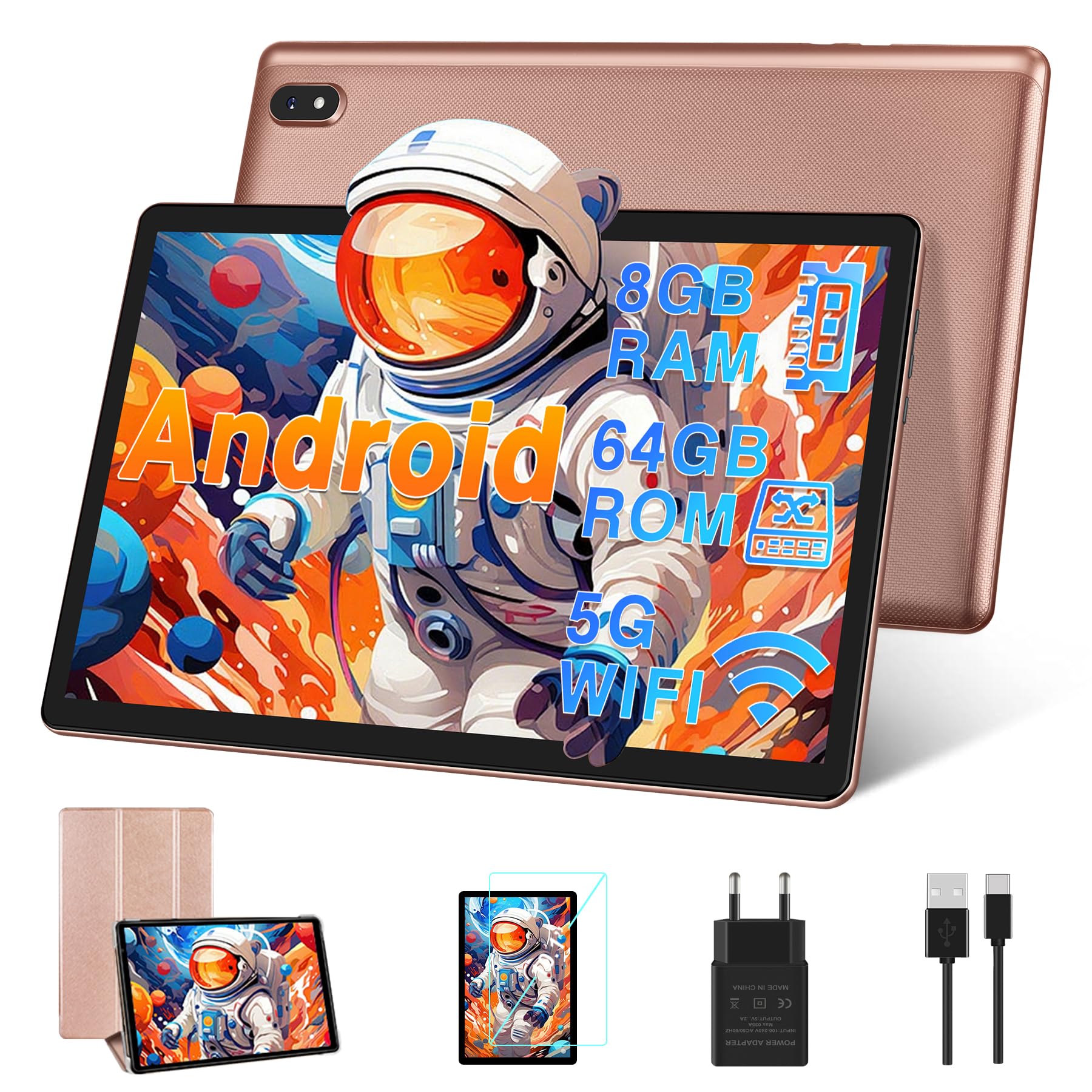 DMOAO Tablet 10 Pollici Android con 5G Wi-Fi, HD Tablet con 8 GB RAM + 64 GB ROM (Espandibile fino a 1 TB), GPS, 8 Cores 2.0 GHz, Bluetooth 5.0, 1280 * 800 IPS, USB-C, 6000 mAh, Oro