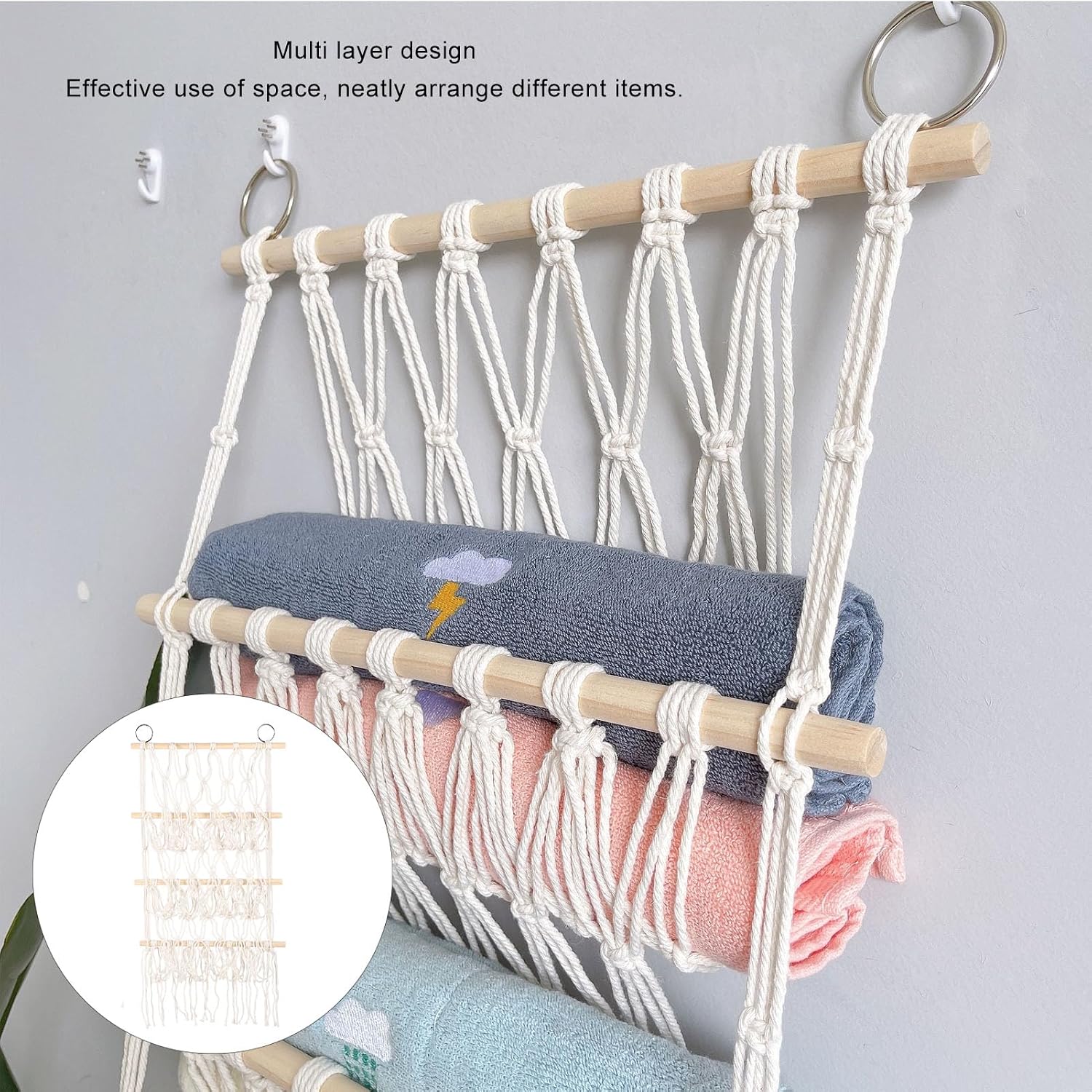 Multi Layer Stuffed Animal Net, Wall Hanging Stuffed Animal Holder, Plush Toy Display with Wooden Stick Mesh Plush Toy Organizer for Books Dolls Towels (3 Tier)