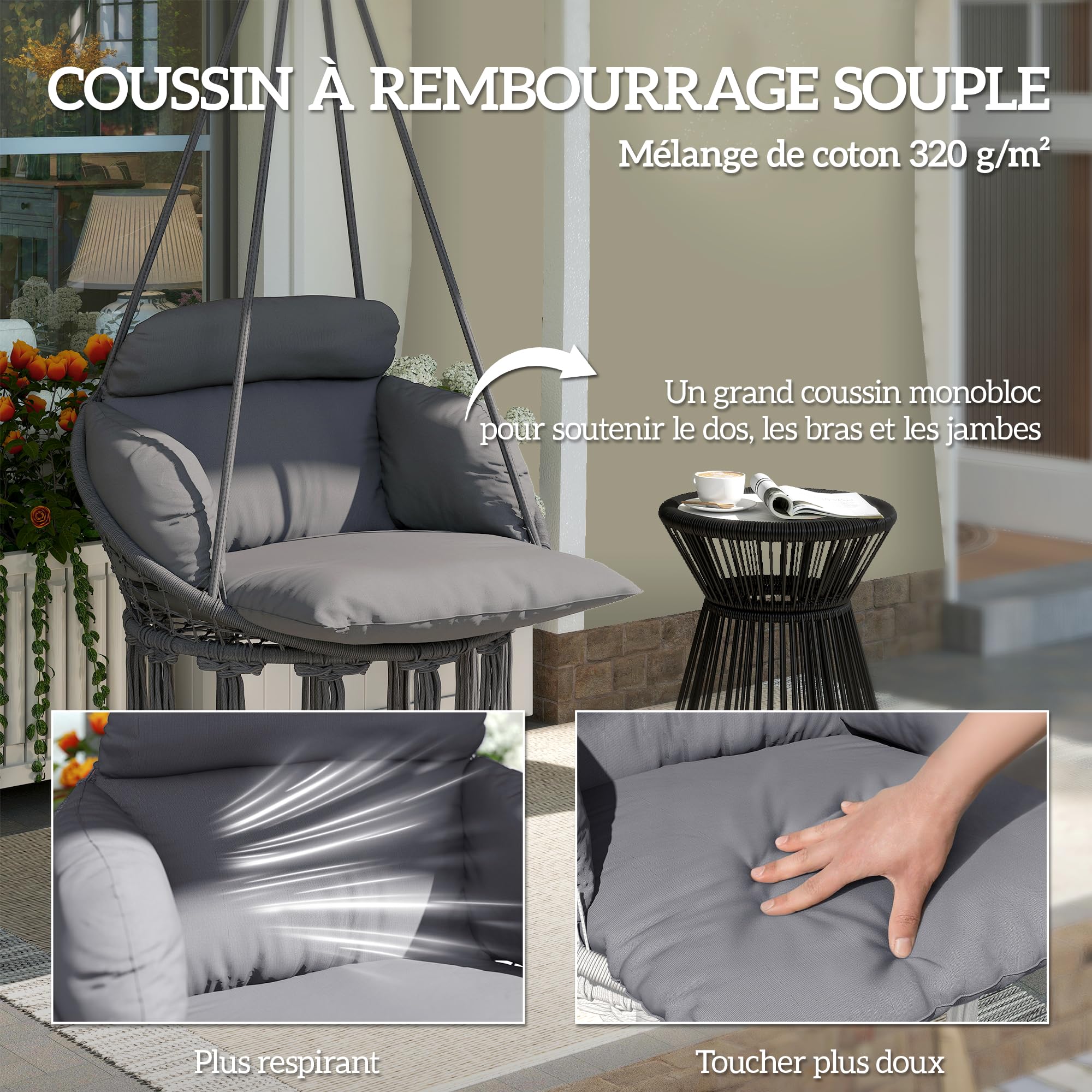 Outsunny Chaise Suspendue avec Grand Coussin rembourré, Fauteuil Suspendu à Franges, kit de Suspension Inclus, hamac Cadre en Acier, Tissage serré, Gris foncé