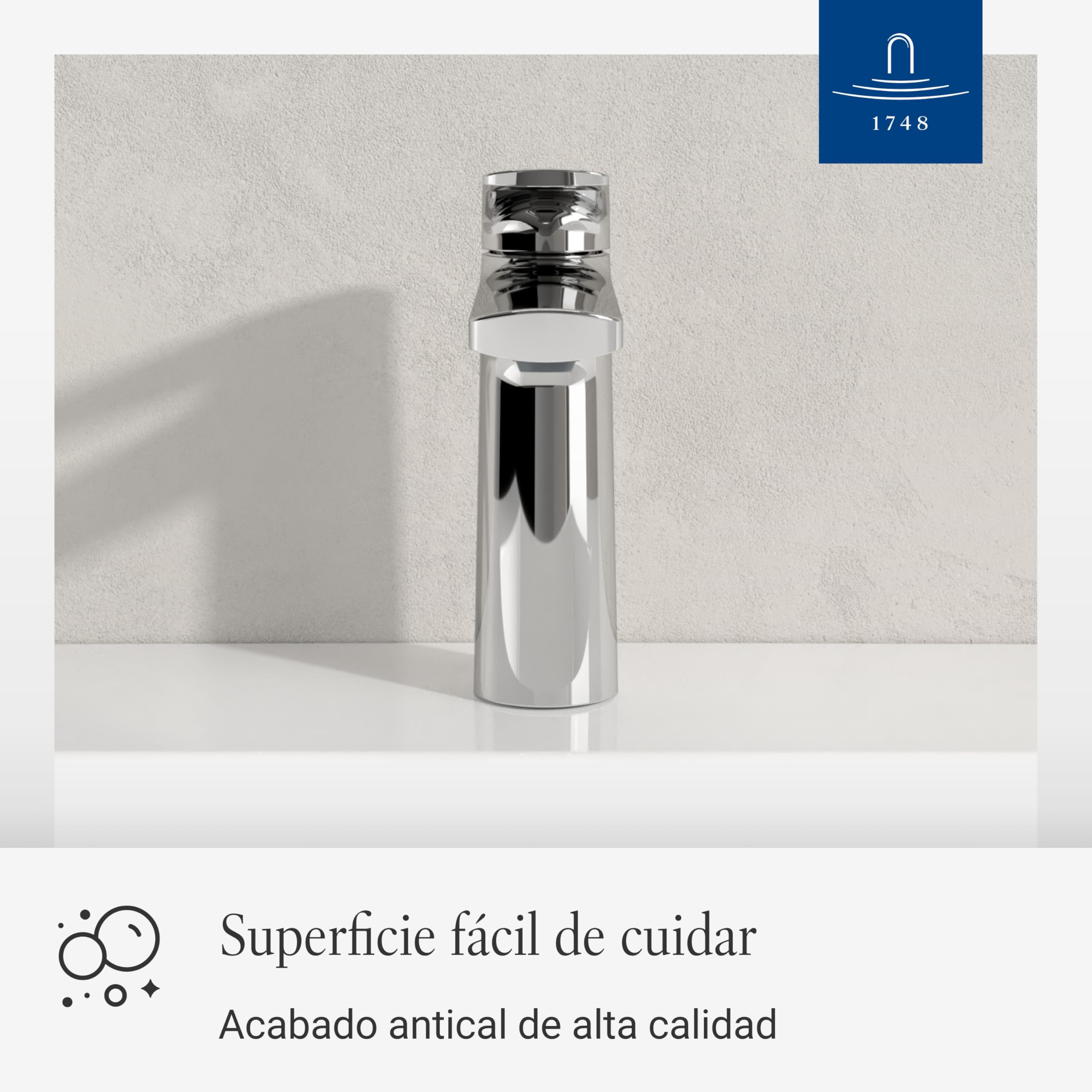 Villeroy & Boch Oasis grifo de lavabo sin mecanismo de desagüe - Grifo de bajo consumo con cartucho cerámico - Grifo de baño - Altura de caño de 114 mm - Grifo redondo cromado | Sin residuos emergentes, ahorro de agua, cartucho de cerámica, diseño redondo