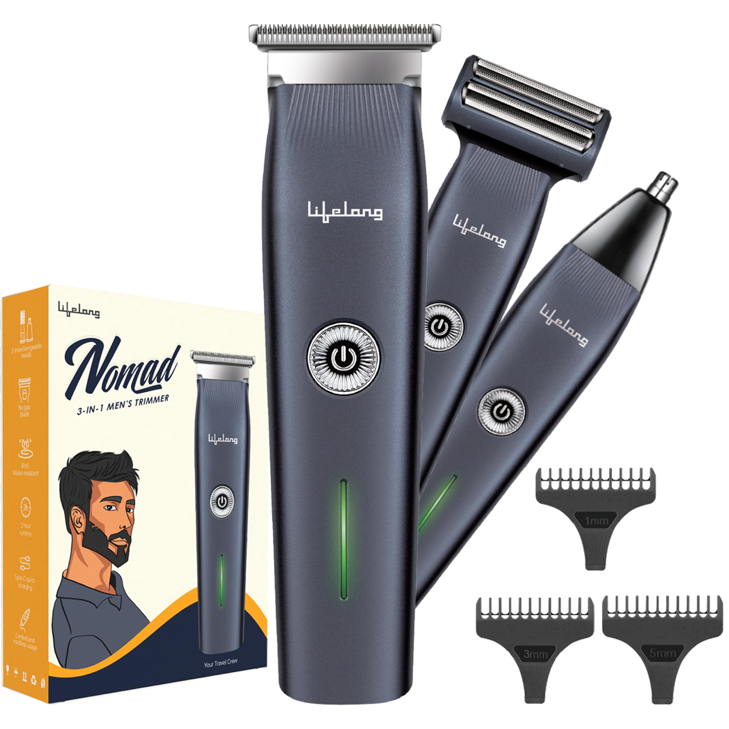 lifelong men beard trimmer|all in one cordless waterproof top 10 trimmers for man|body groom best trimmers for men 2026|beard styling multiple length combs(1,3,5mm) 2hr type c quick charge 2hr runtime