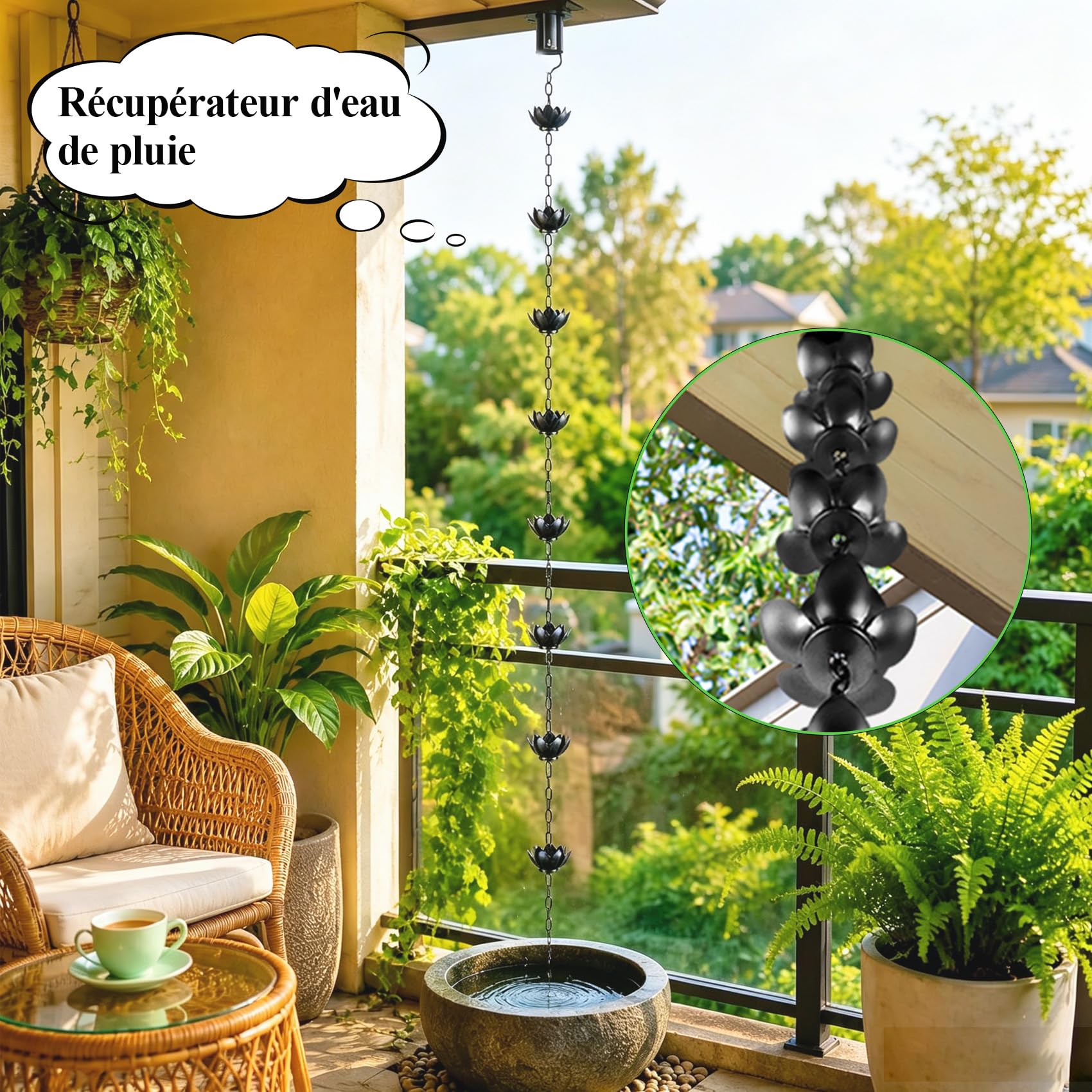 Chaîne de Pluie Lotus, déco extérieure élégante, métal Anti-Rouille résistant aux intempéries, remplace Tuyau de Descente, Montage sans Outil pour Jardin, terrasse, Cour et façade de Maison