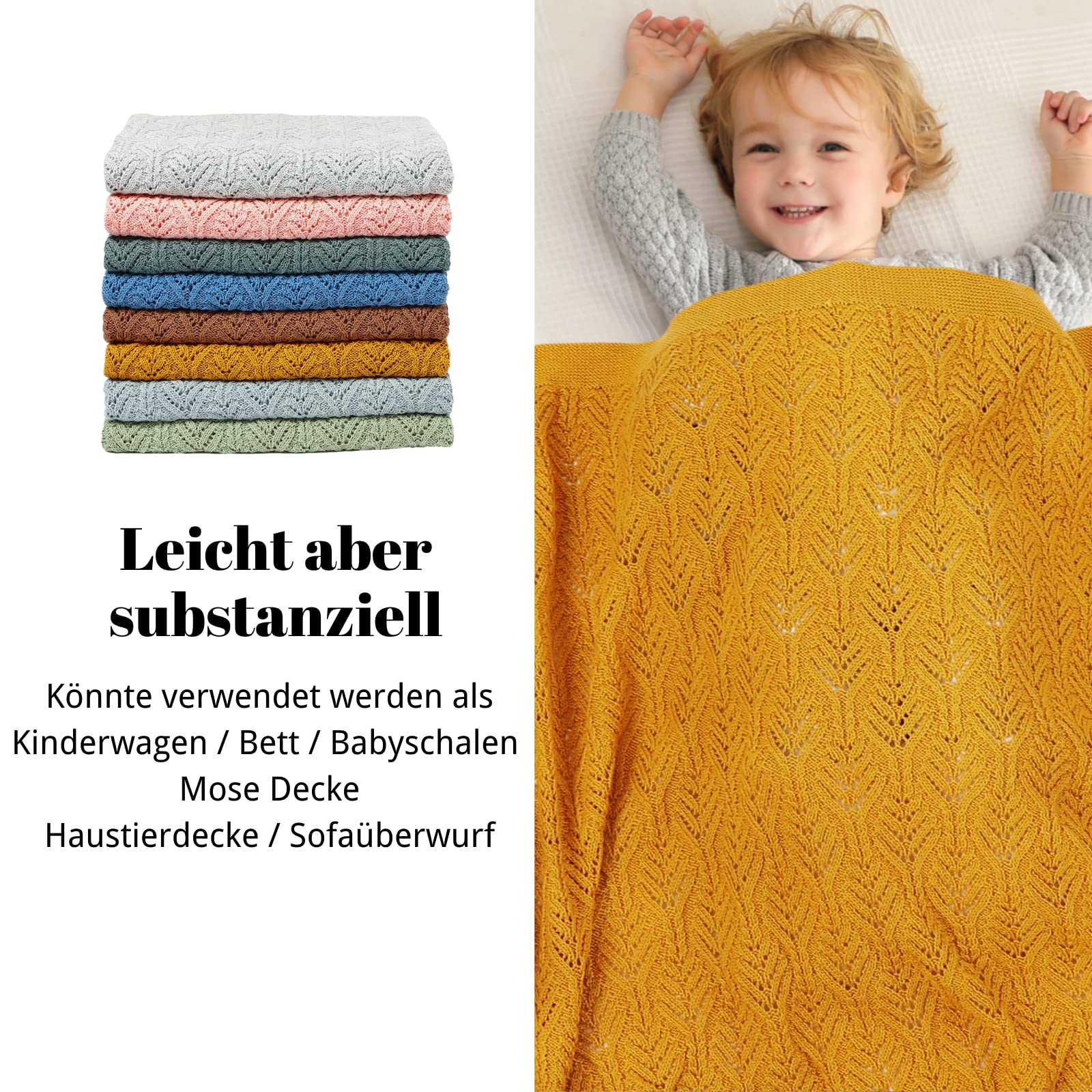 LAWKUL Baby Blanket Cellular Knitted 100% Cotton Soft Blankets for Newborn Boy Girls Toddler 100x80cm Mustard Yellow - Image 2