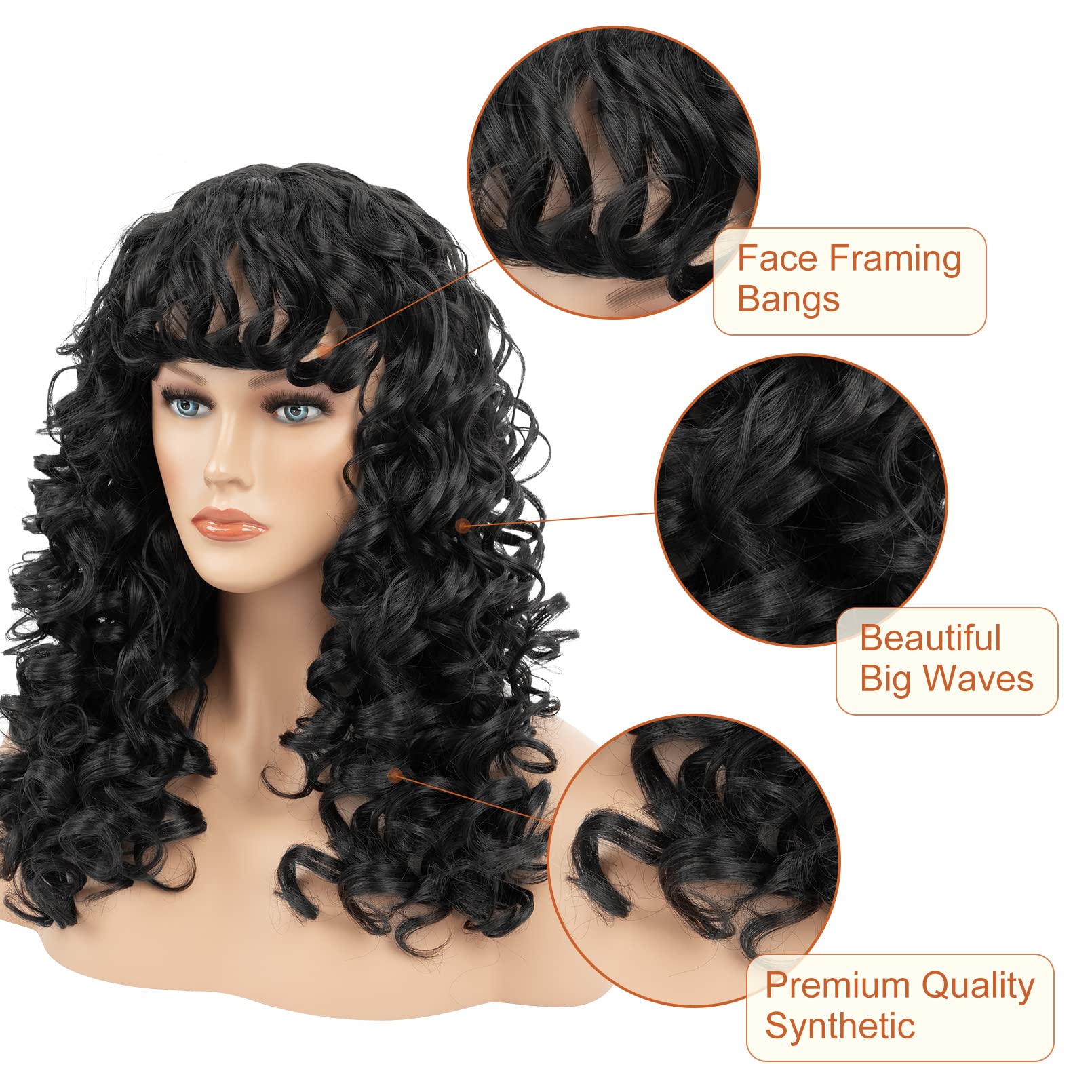YOGFIT 2023 Upgrade Curly Wig with Bangs for Women Kinky Wigs with Bangs Big Bouncy Shag Curly Wig Heat Resist Soft Synthetic Wig for Women Daily Use Party Cosplay