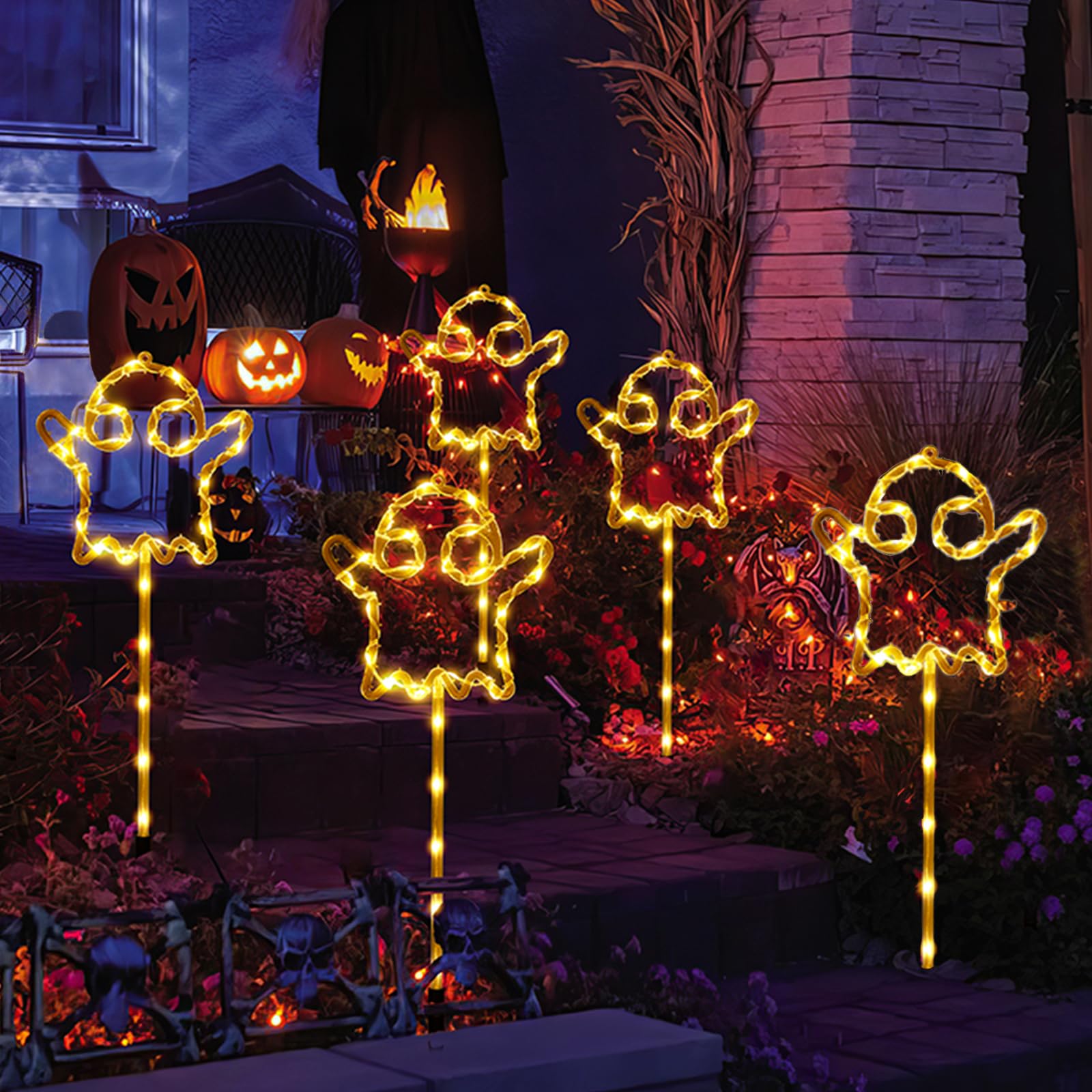 Halloween Ghost Solar Lights for Outdoor Garden Set of 5, Waterproof Solar Lights for Patio & Path Lighting
