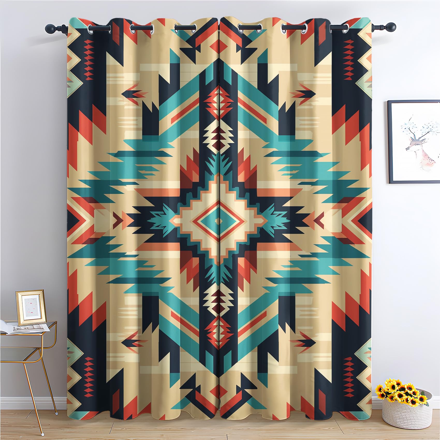 Fizzenobia Western Aztec Blackout Curtains for Living Room Bedroom, Thermal Insulated Room Darkening Grommet Drapes, Boho Native American Tribal