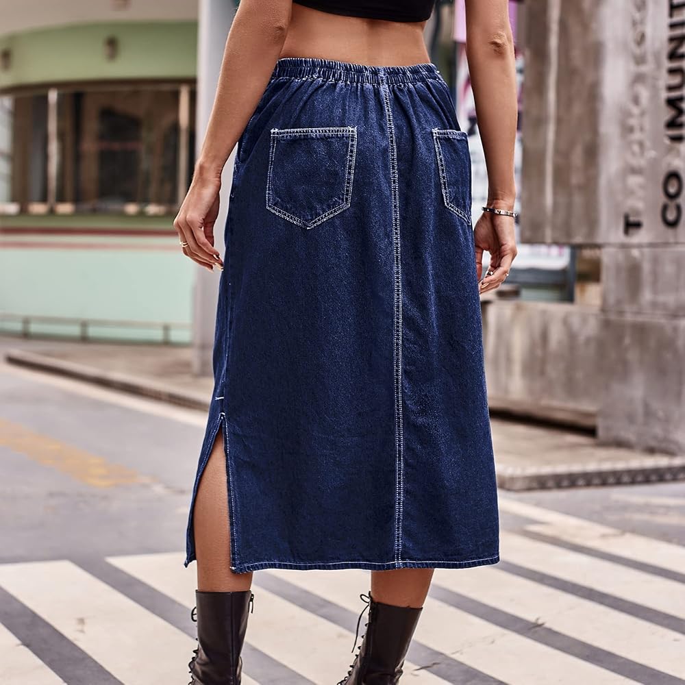 Viatabuna Womens A Line Long Jean Skirt High Waisted A Line Flower