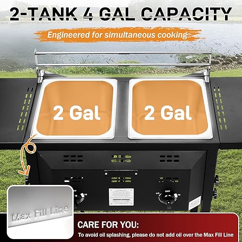 Miniatura 8 de Outvita Freidora de propano para exteriores, freidora comercial de doble quemador, olla de 16 cuartos de galón con cestas extraíbles, tapas y
