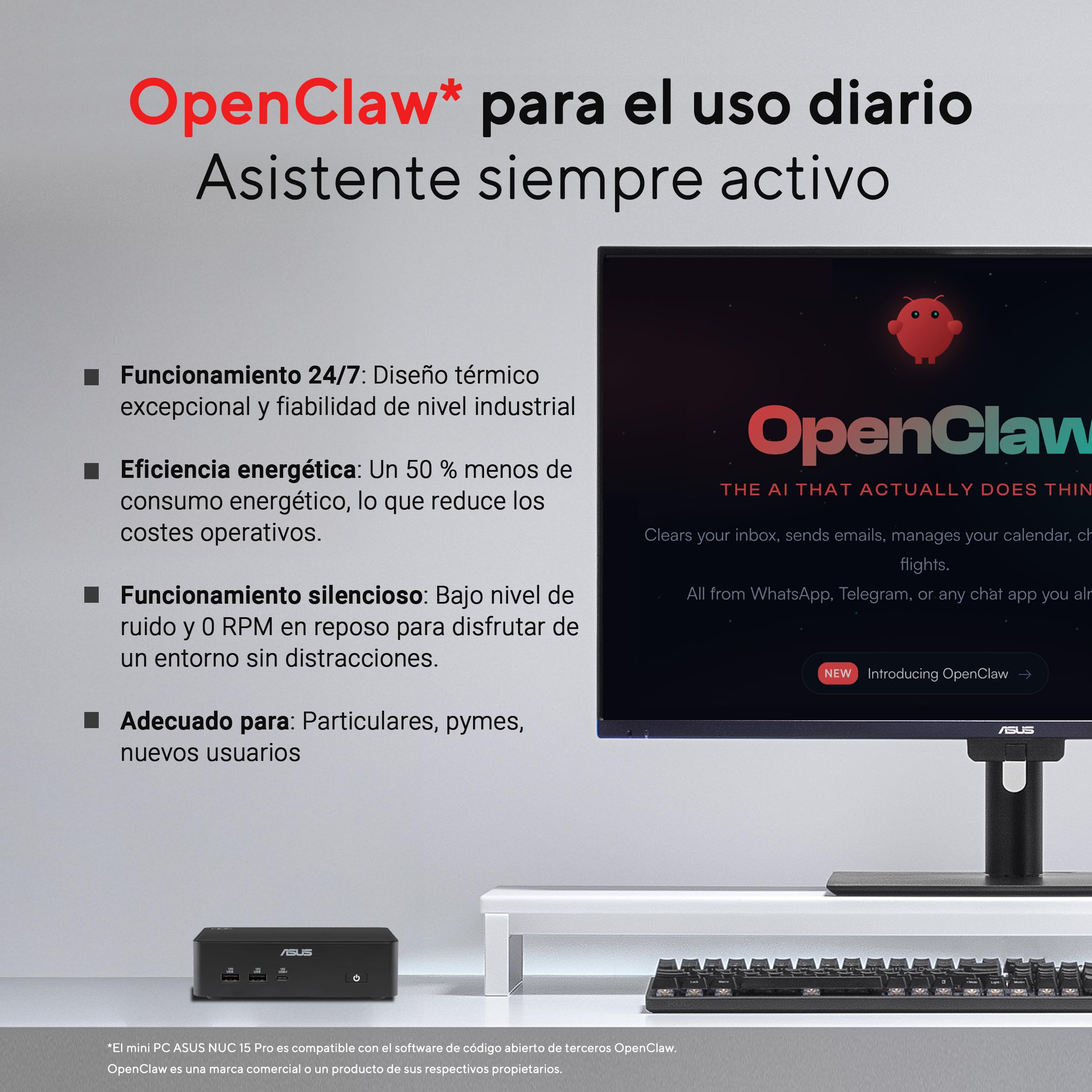 ASUS NUC 16 Pro - Ordenador de sobremesa | Procesador Intel Ultra 7 365H, sin memoria, sin almacenamiento, sin SO, compatible con OpenClaw