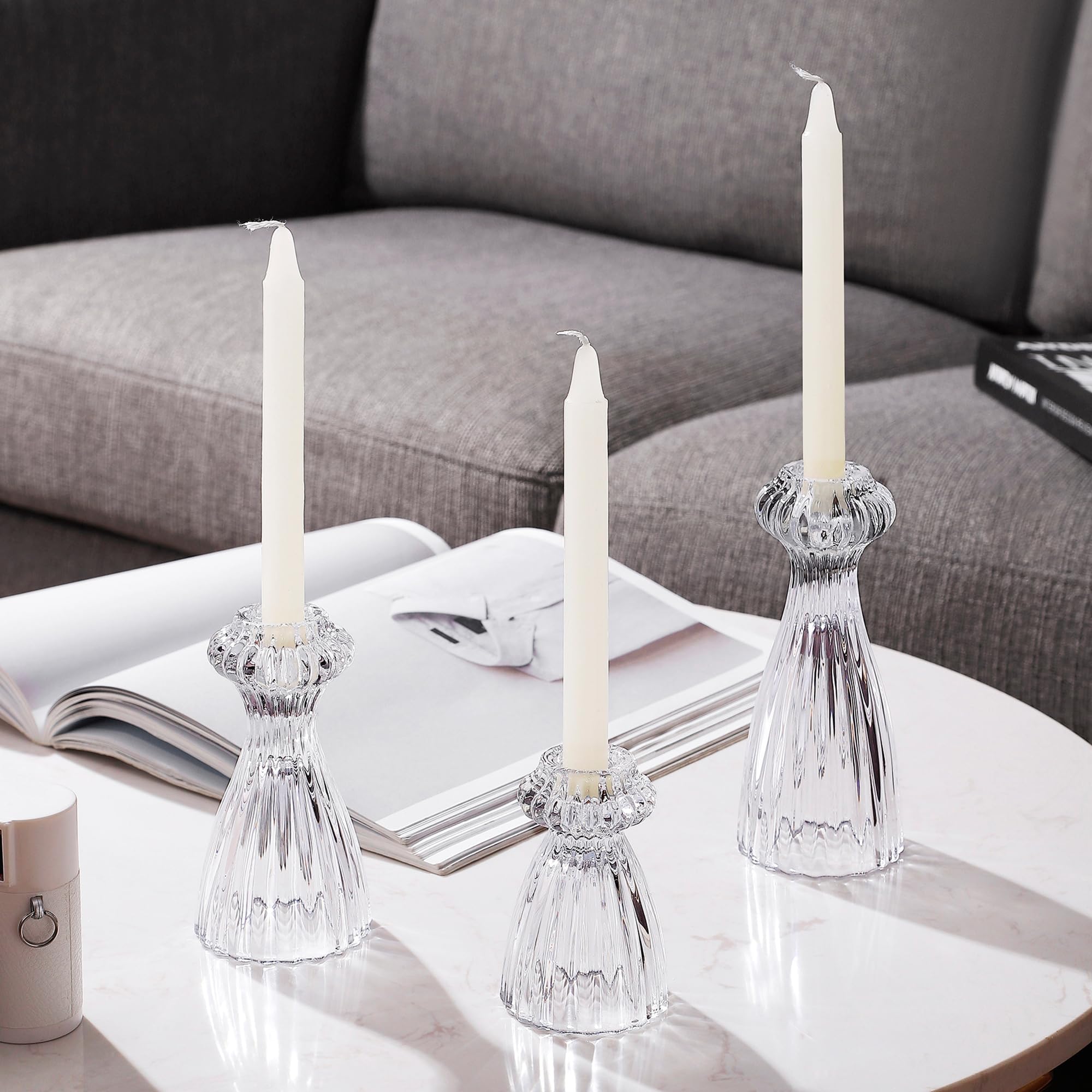 Glass Candle Stick Holder Set of 3 – Premium Taper Candle Holders for Romantic Ambiance - Candle Sticks Holder Decor for Special Occasions - Clear
