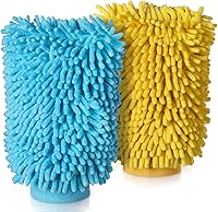 Vista 6 de MR.SIGA Manoplas de microfibra suave de chenilla para lavado de coche, paquete de 2, azul y amarillo
