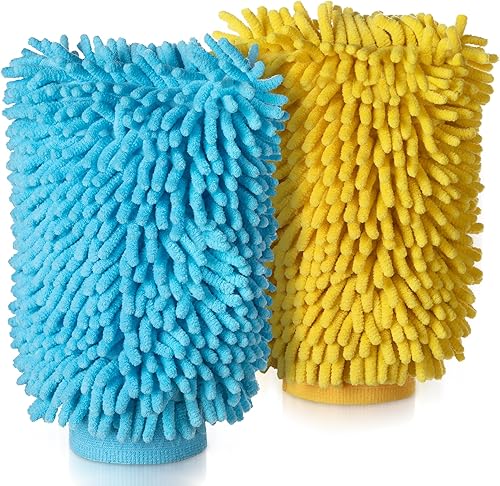 Miniatura 6 de MR.SIGA Manoplas de microfibra suave de chenilla para lavado de coche, paquete de 2, azul y amarillo