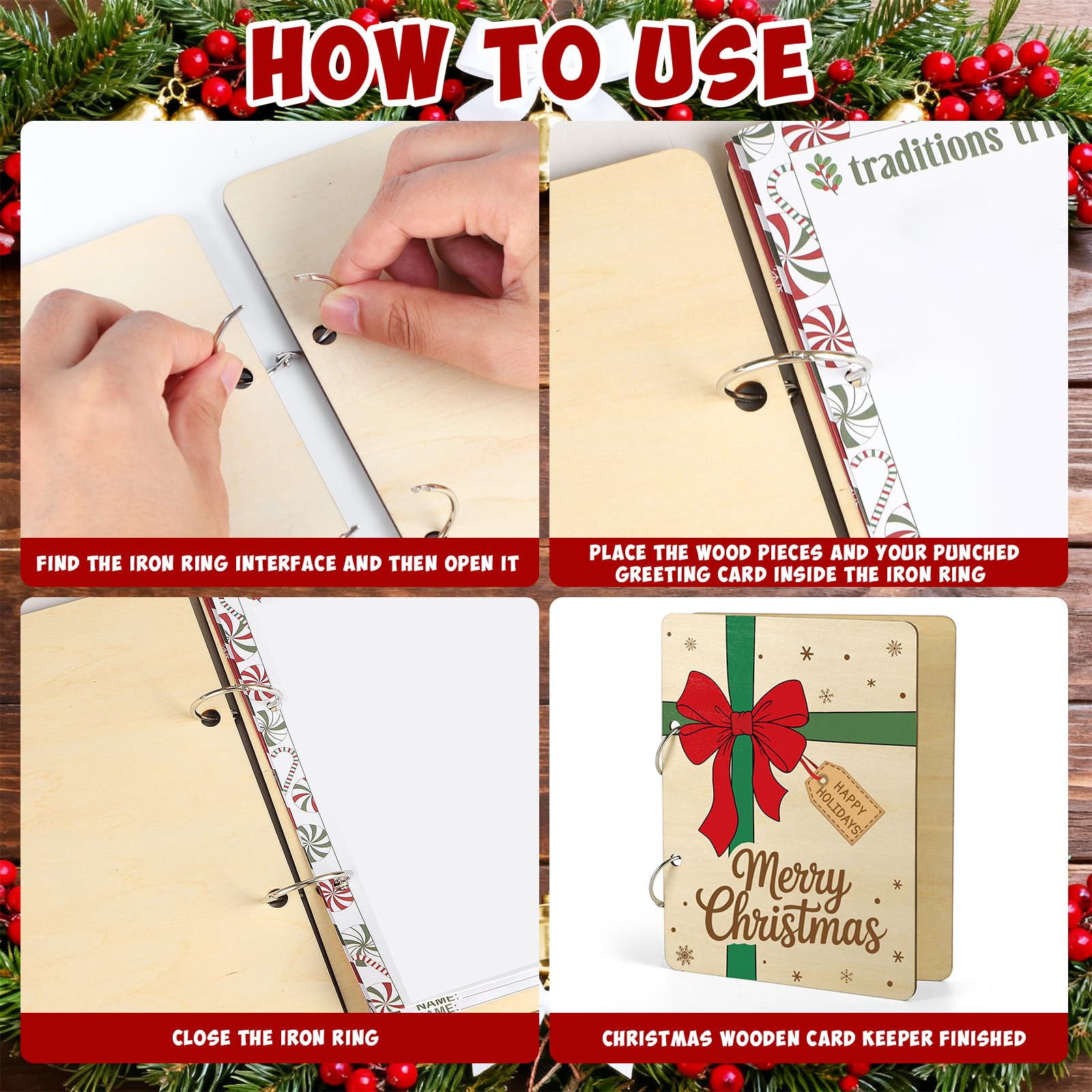 Wooden Christmas Card Keeper Binder Merry Christmas Greeting Card Holder with Rings Xmas Holiday Post Cards Organizer Wood Memories Book for Storage Keepsake Album Photo Notes Gift Winter Past Notes