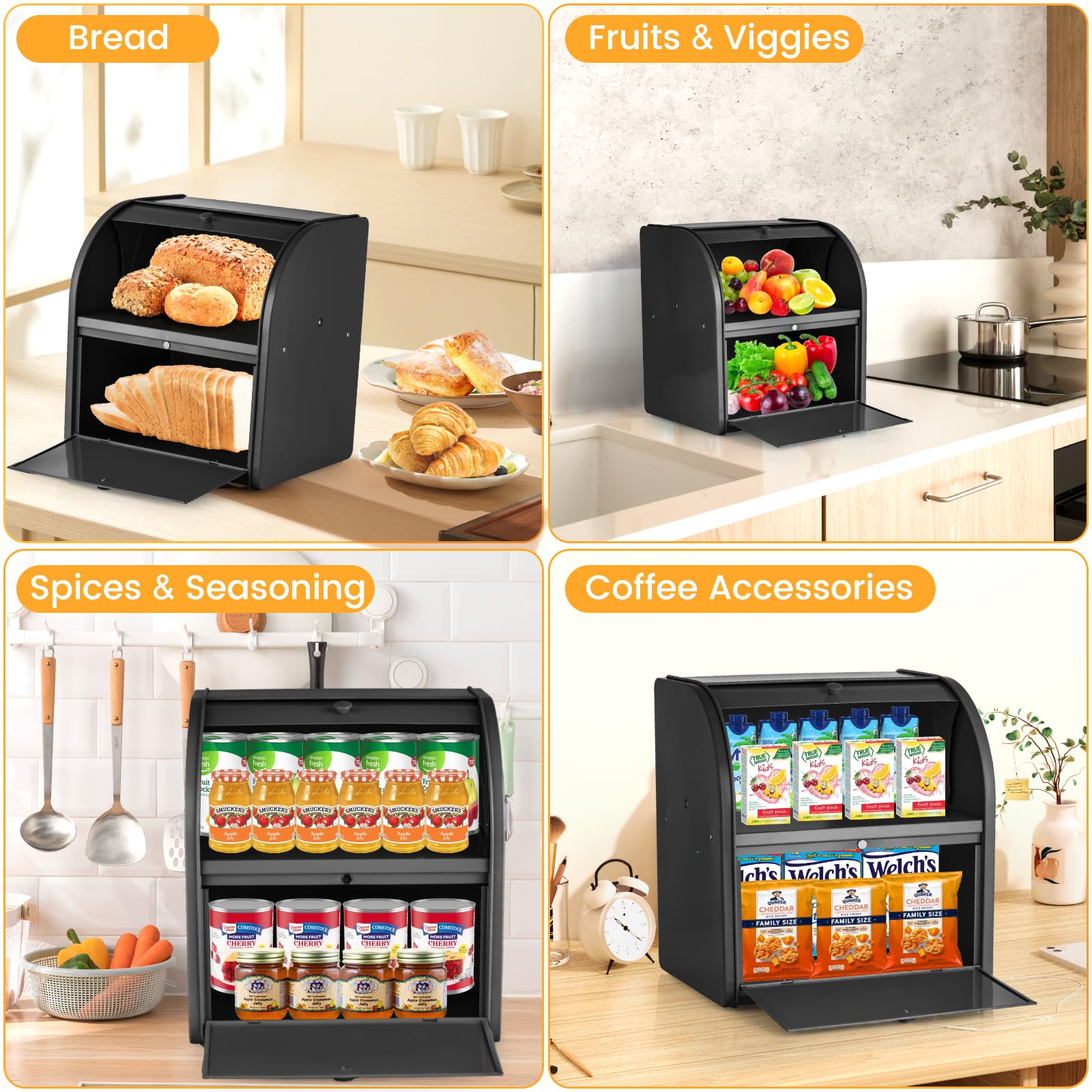 Panera de metal para encimera de cocina, contenedor de almacenamiento de pan de doble capa, contenedor de almacenamiento de alimentos para encimera de cocina en el hogar, color negro