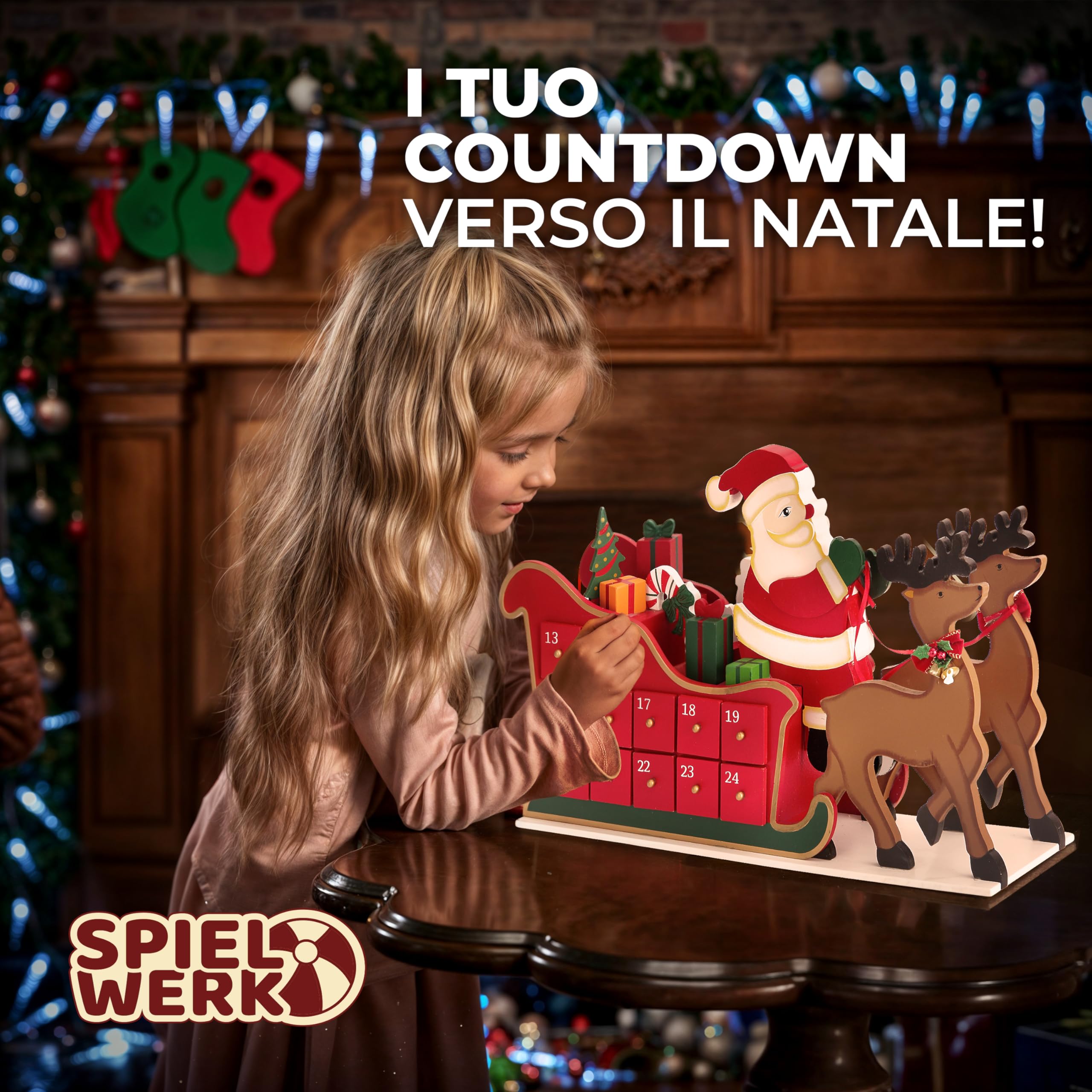 Spielwerk® Calendario dell' Avvento Riutilizzabile in Legno Babbo Natale con Slitta Decorazione Natalizia da Riempire