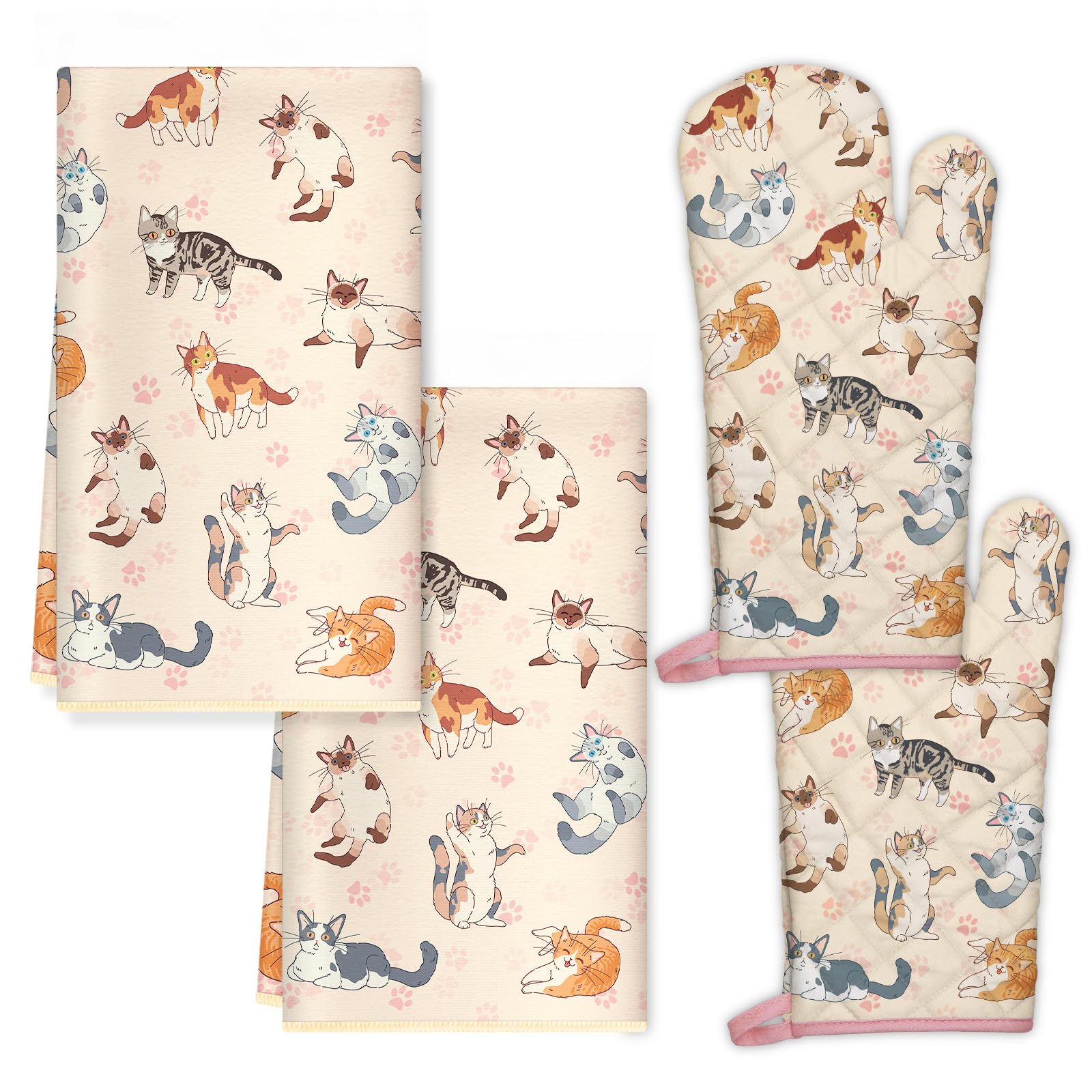 Gants de cuisine chat en coton résistant et torchon absorbant élégant