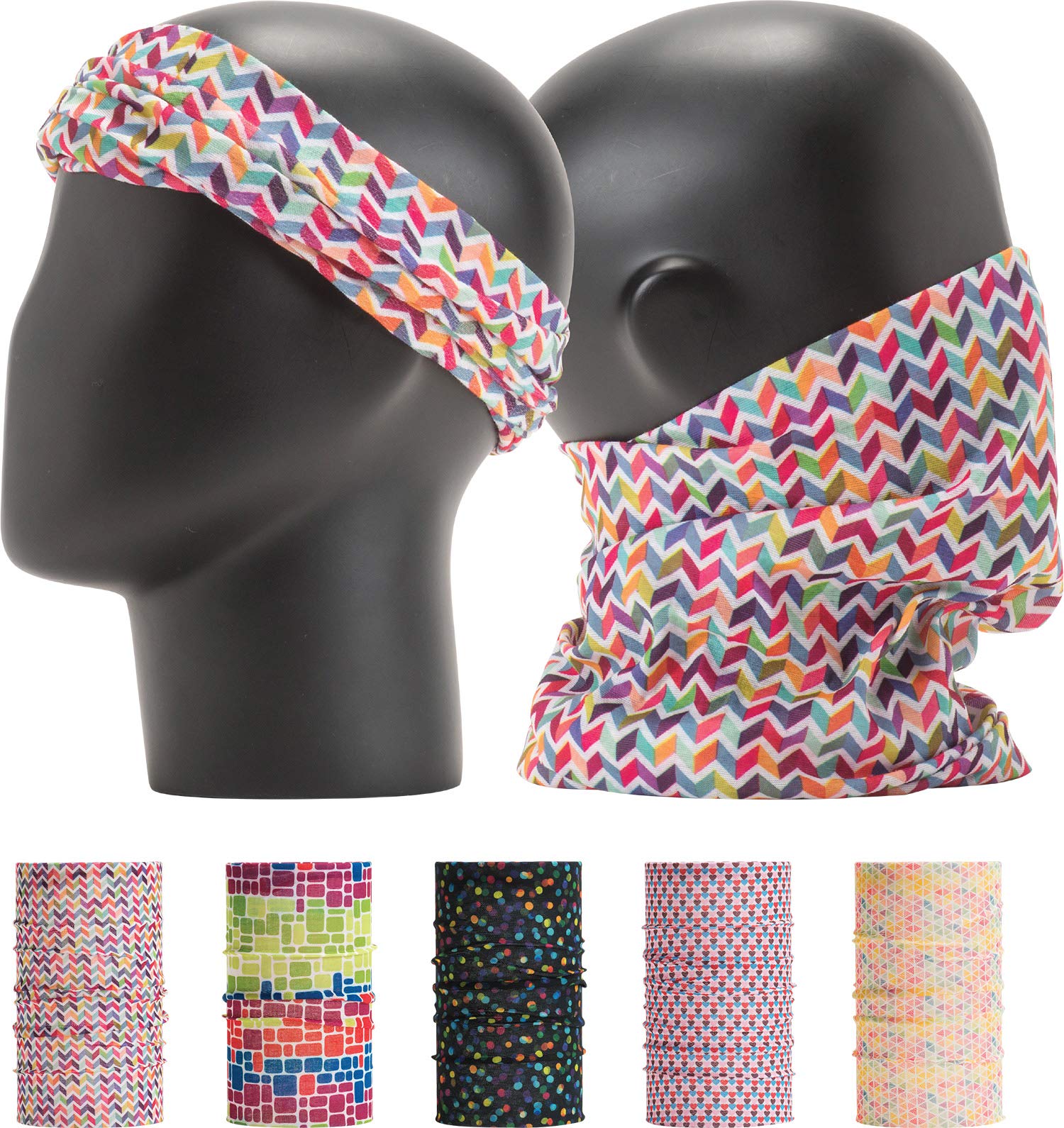 Pattern Bold Headwear Scarf Boho Headband Wrap Shield Neck Gaiter Bandana (Free Size (18.5” * 9.25”), Vivid Color Geometric Set No.1, 5pcs total)