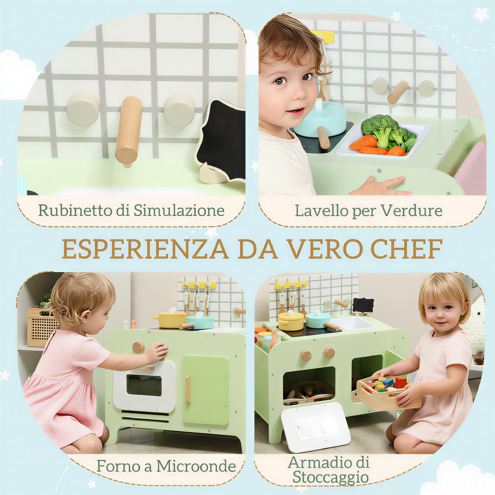 AIYAPLAY Set Cucina Giocattolo in Legno, Cucina per Bambini Età 3+ Anni con 15 Accessori, Microonde, Armadietti e Lavandino, Verde