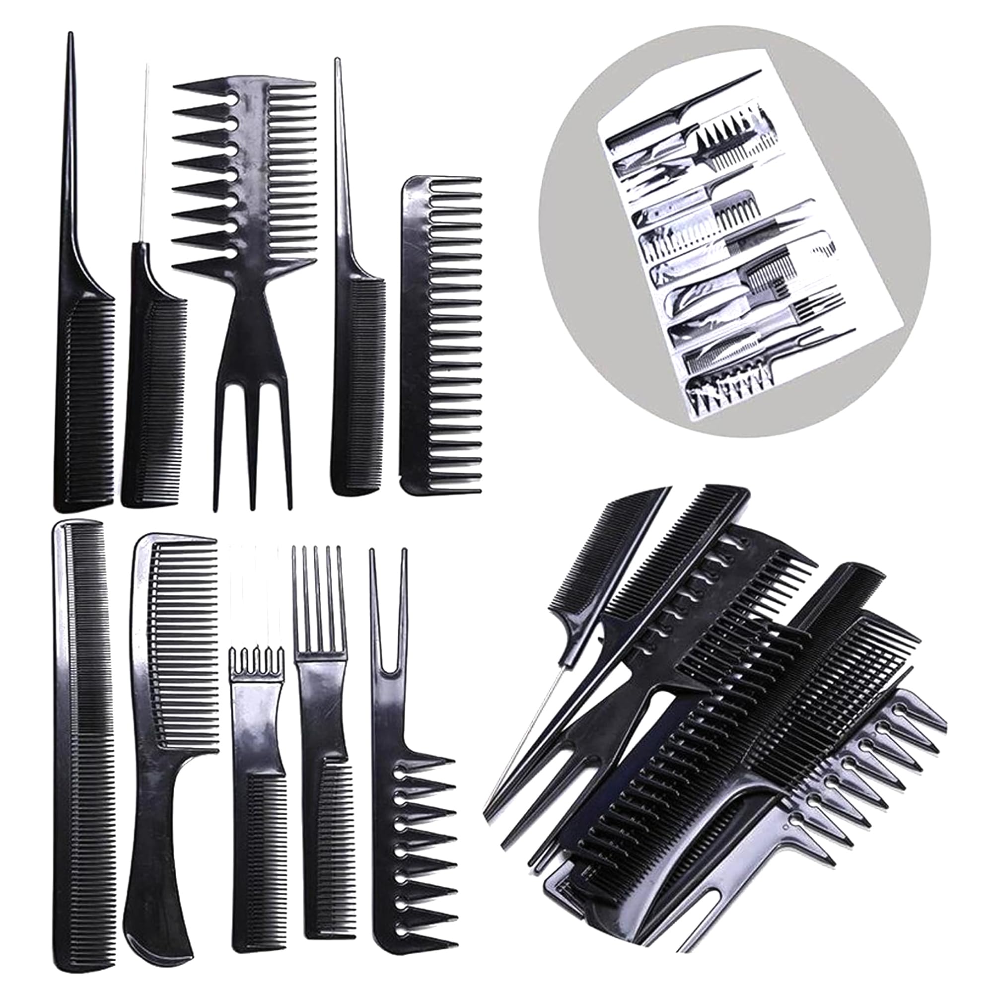 Pack of 10 Professional Hair Comb Set, Salon Styling Combs for Cutting, Sectioning and Detangling | Durable Plastic Barber Comb Kit for Home and Professional Hairdressing Use