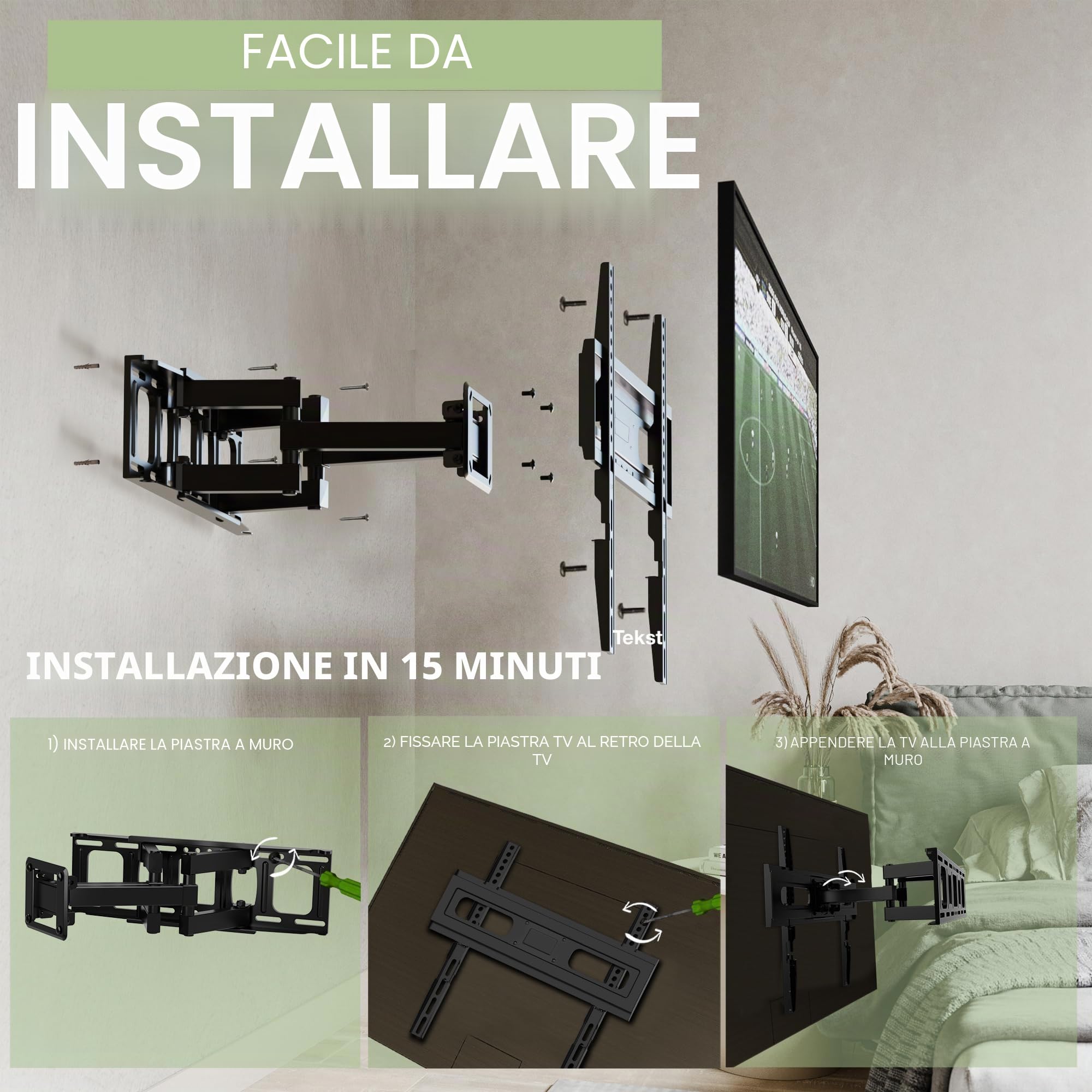 Supporto TV Parete - per 32-65 pollici TV LED LCD, 4K HDR Schermi - Inclinazione e Girevole Ultra Sottili - Max VESA 400x400mm - Capacità Massima di Peso 40 kg